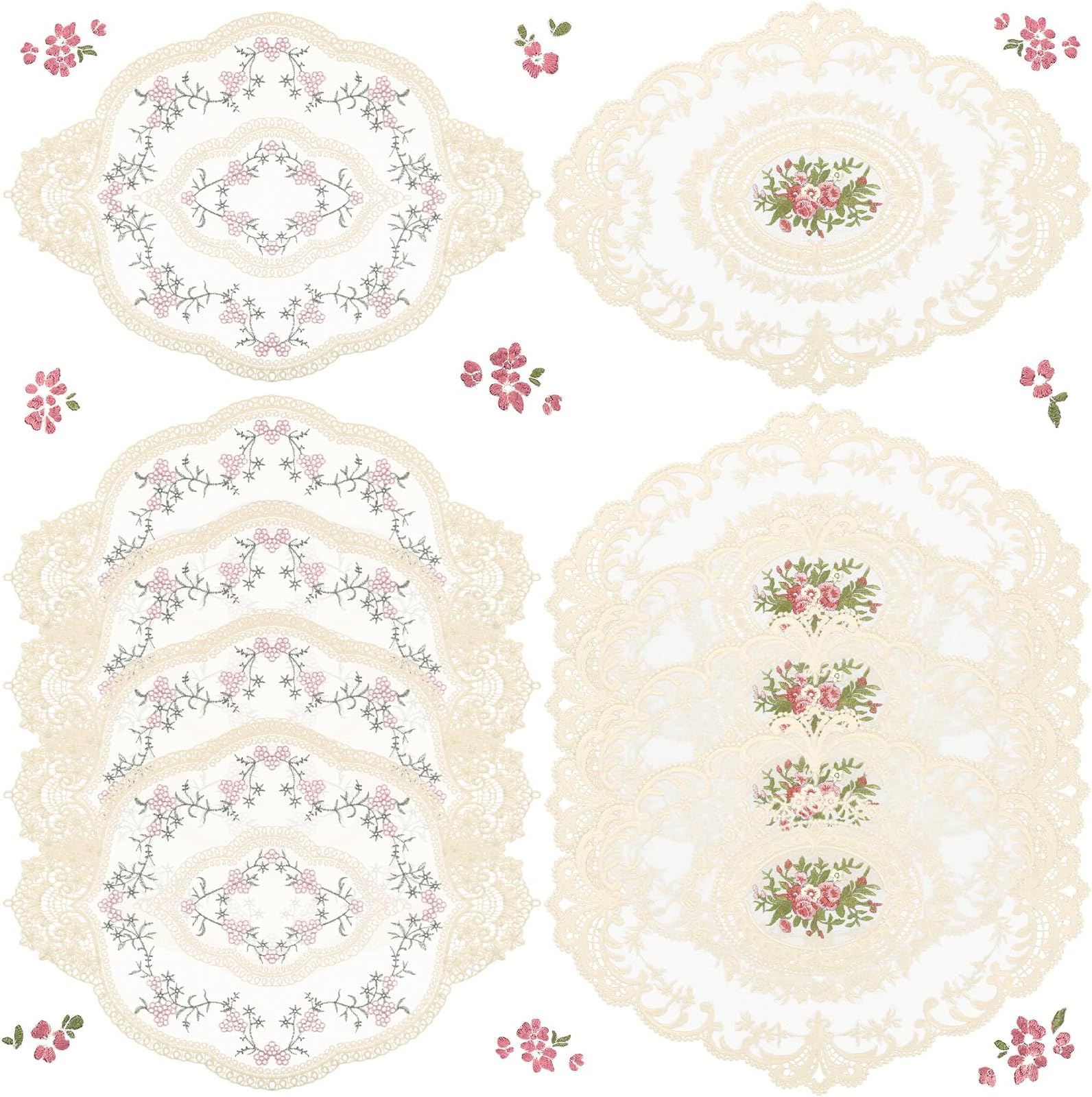 Mixweer 10 Pack Beige Retro Lace Place Mats French Crochet Doilies Oval Embroidered Table Place Mats 12'' x 16'' Vintage Coasters Cup Vase Mat for Wedding Home Kitchen Decor