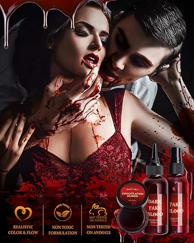 Miniatura 8 de Maquillaje de sangre falsa para Halloween, espray de sangre falsa de 2.03 onzas + sangre que gotea 2.03 onzas, sangre falsa lavable realista para