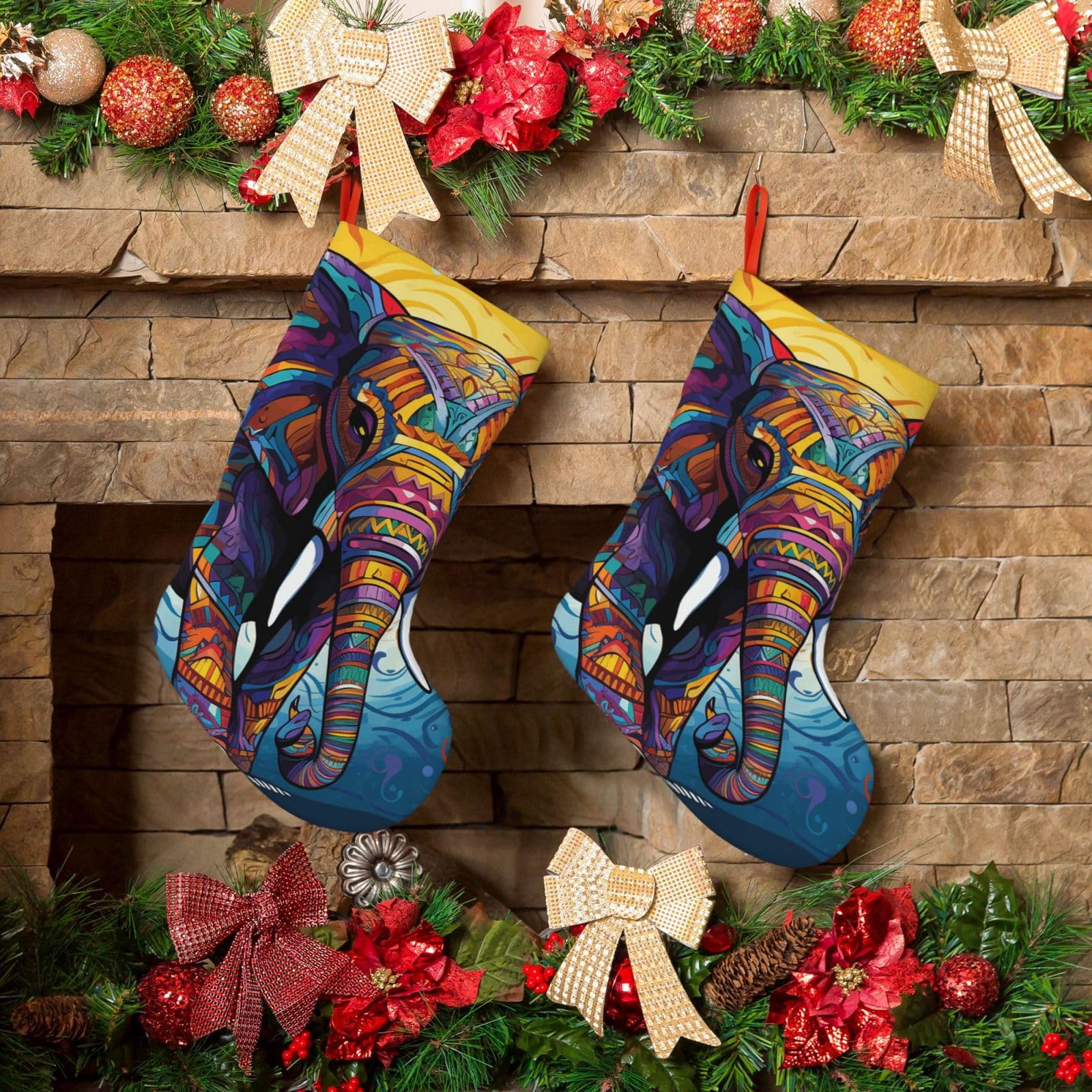 KLOPH Christmas Stockings 18" Personalized Xmas Stocking Colorful Elephant Decoration Stocking Hanging Fireplace Stocking for Holiday Xmas Tree Christmas Fireplace Decor
