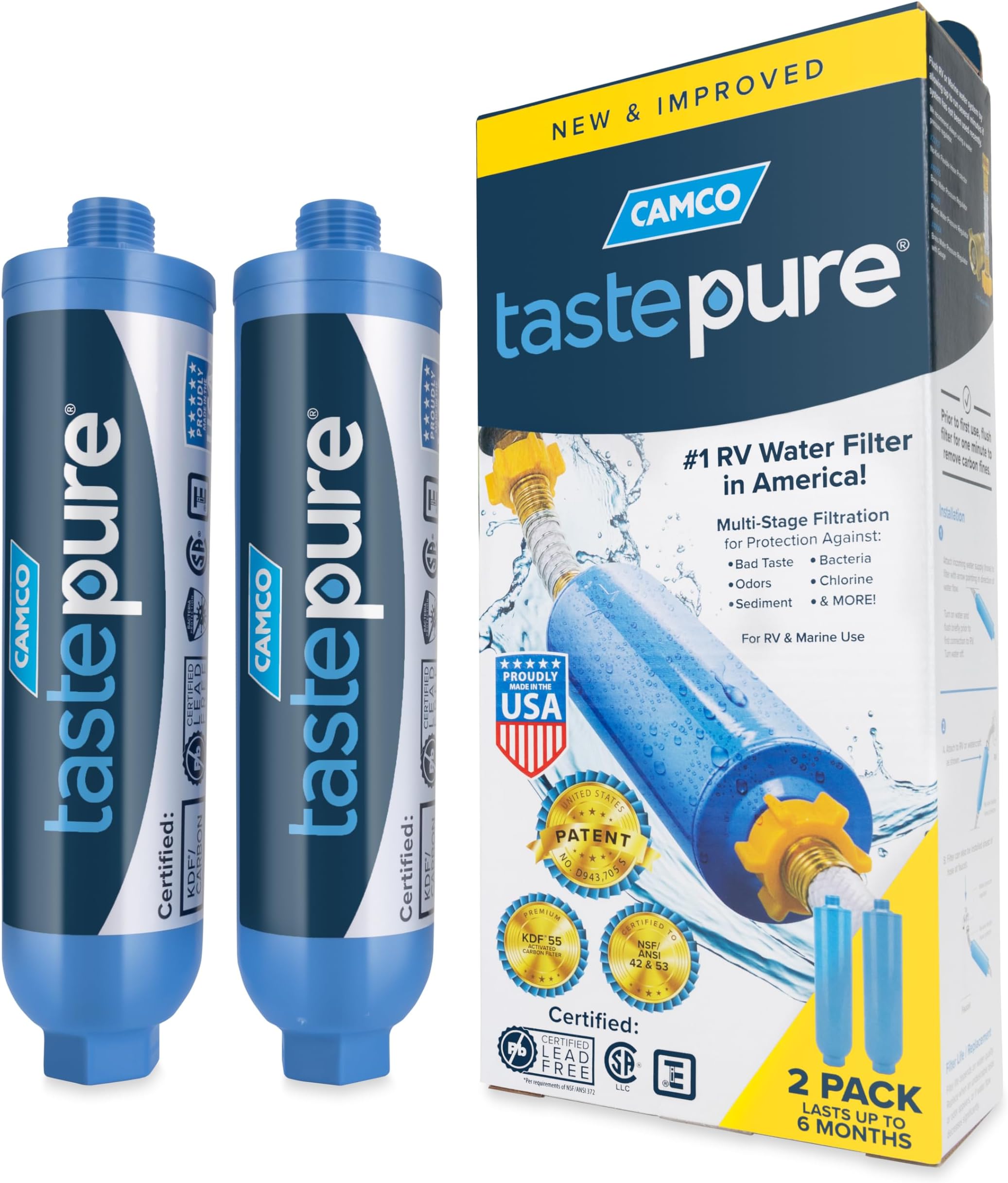 Camco 40045 TastePURE Inline RV Water Filter, Greatly Reduces Bad Taste, Odors, Chlorine and Sediment in Drinking Water (2 Pack)
