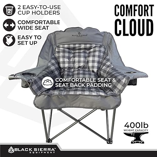 Miniatura 5 de Silla de camping de gran tamaño Black Sierra para adultos, asiento resistente para exteriores con acolchado suave, soporta 400 libras, portavasos y