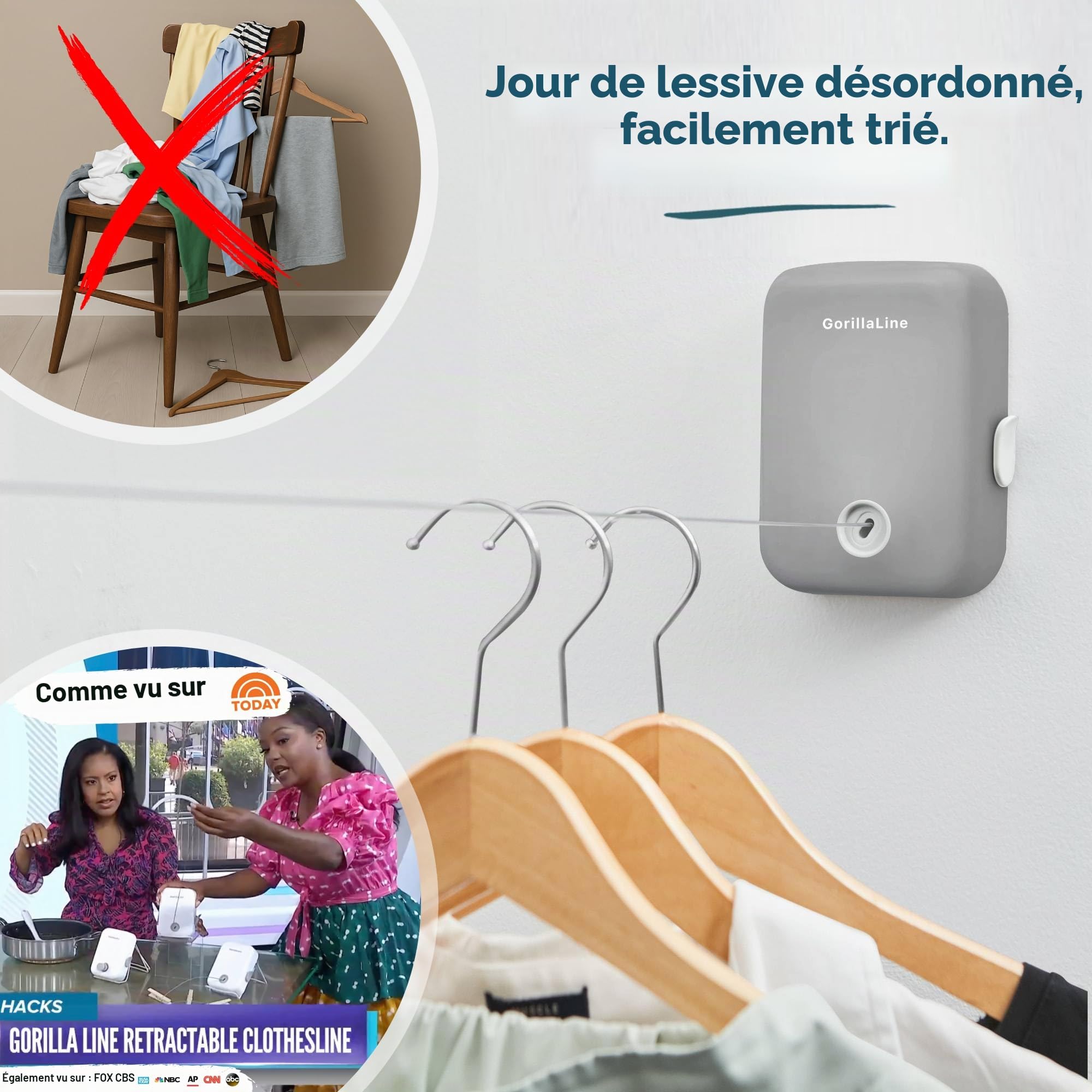 GORILLALINE - Corde à Linge rétractable pour intérieur et extérieur | Corde à Linge Robuste | Fixation Murale | Étendoir à Linge rétractable | Verrouillage pour éviter l'affaissement
