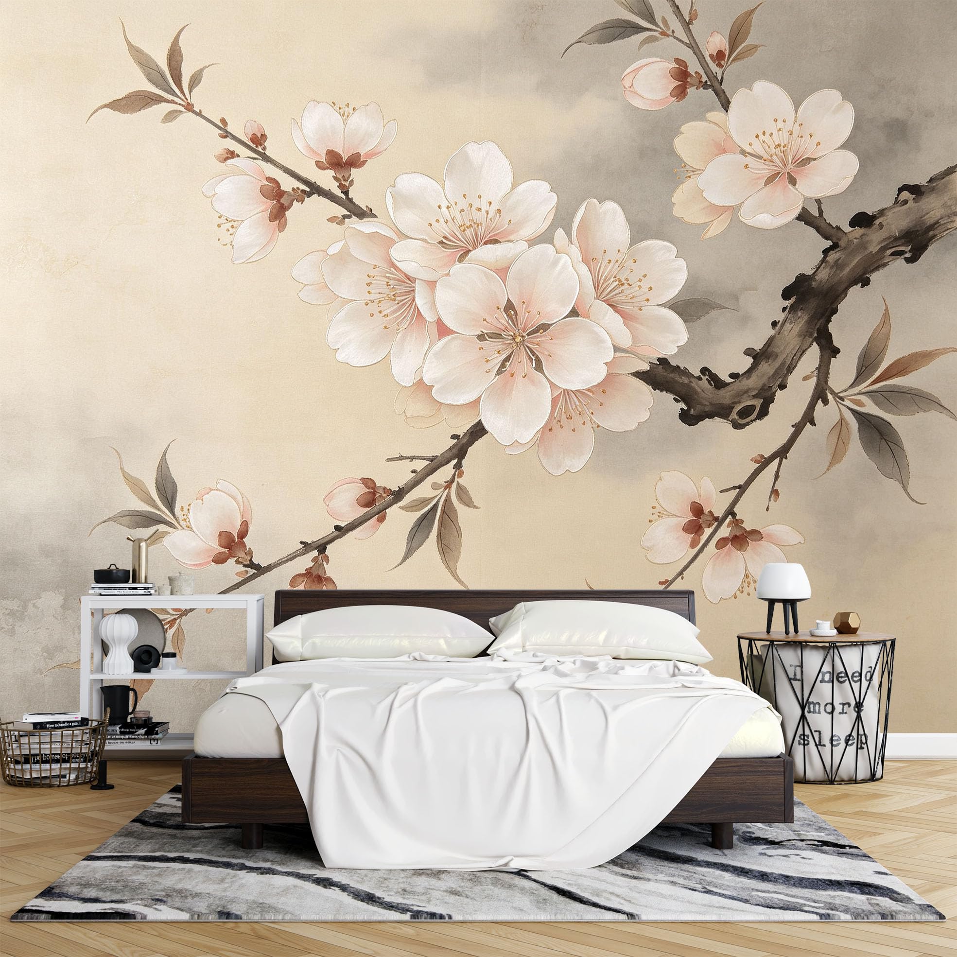 Papier Peint Photo Aquarelle Fleurs Cerisier 371 x 280 cm Papier Peint Mural Floral Printanier Vintage Intissé Décoration Fresque Murale pour Salon Chambre et Maison.