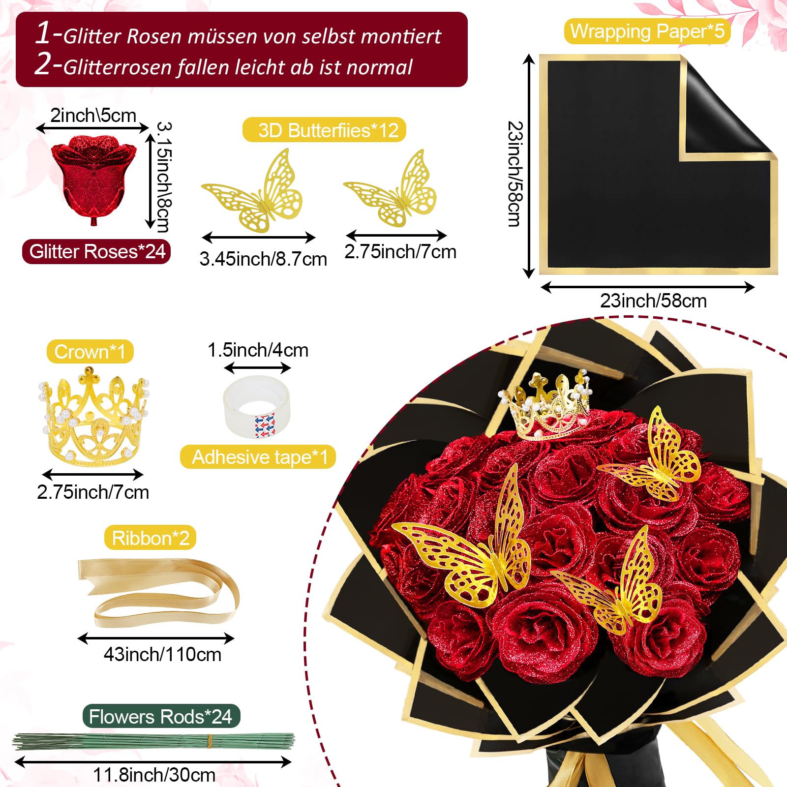 LARDUX 24 Stück Glitzer-Rosenstrauß, Glitzer Rosen Bouquet, künstliche Rosensträuße, DIY künstliche Glitzer-Blumensträuße mit Krone für Geschenke Hochzeitstag Verlobungstag Geburtstag, Muttertag