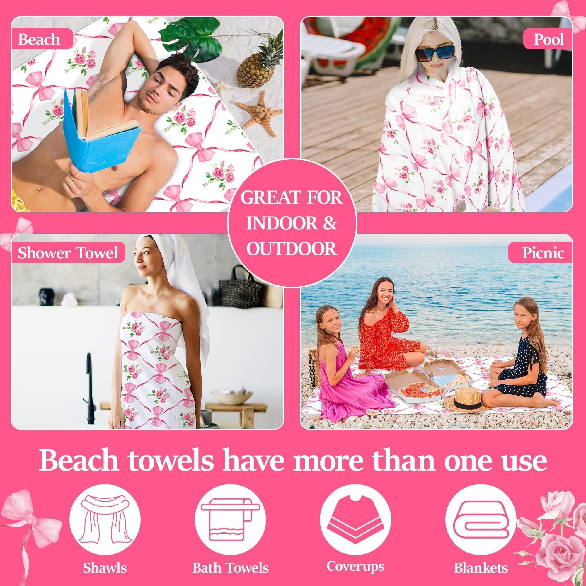 Super Soft Polka Bow Beach Towel - 71x35 Inch Quick-Dry, Sand-Resistant Velvet Pool Towel For Women & Kids