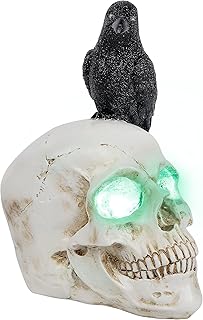 DR.DUDU Raven on Skull Halloween Decoration with LED Lights, Gothic Crow Perching on Skeleton Resin Figurine Haunted House Statue for Tabletop Desk Home Office Decor