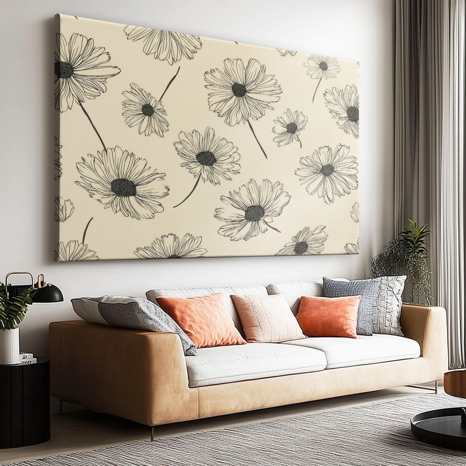 Generisch Land Pflanzen Blumen Streifen Modernes Leinwandbild 140L x 70B cm mit Rahmen, Vintage XXL Wanddeko für Wohnzimmer Geschenk Idee Einzug - Hochwertiger Kunstdruck auf Holzrahmen