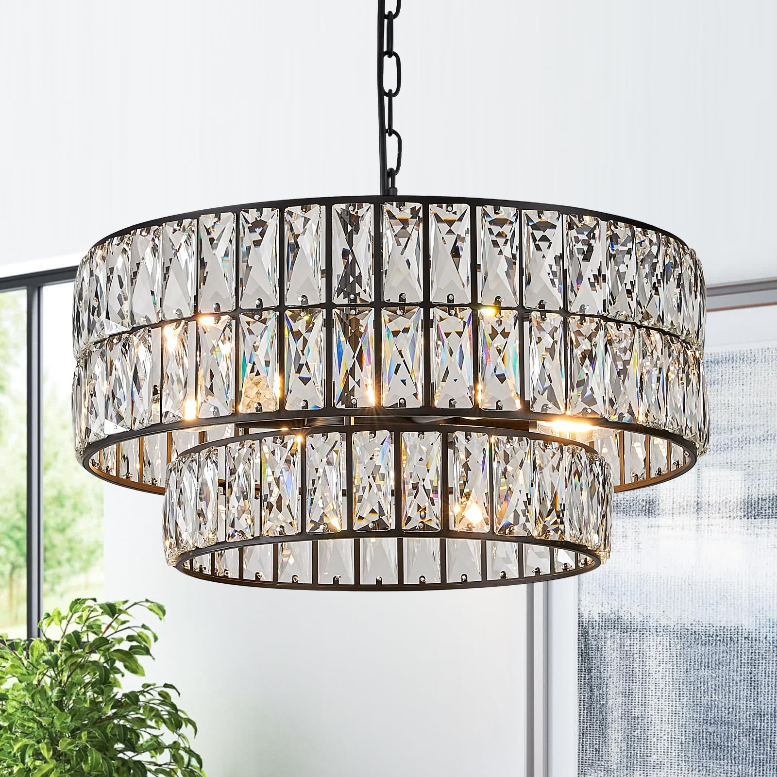 CATINER Black Crystal Chandelier 6-Lights Luxury Crystal Pendant Chandelier 20'' Drum Semi Flush Mount Ceiling Lights for Dining Room Foyer Living