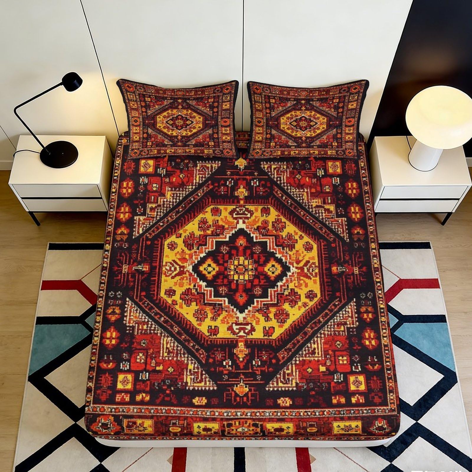 3D Printed Persian Geometric Fitted Sheet Microfiber Soft Anti-Slip Boho Mosaic Mattress Cover for Bedroom Dorm Decor 200x200x25cm