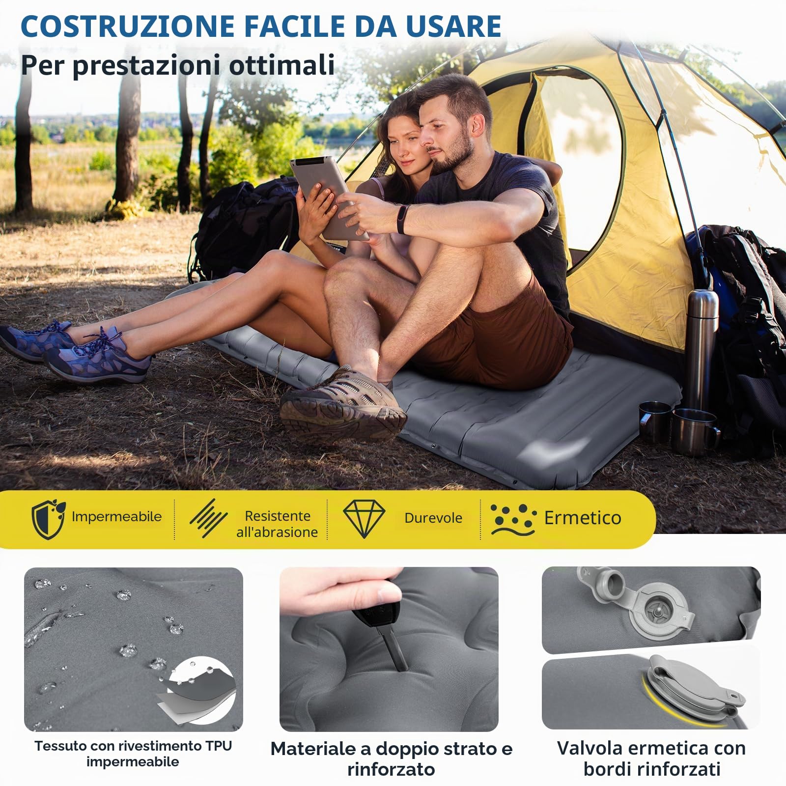 HIKENTURE Materassino autogonfiante, 13 cm, ultra spesso, da campeggio con cuscino, dimensioni ridotte, ultra leggero, con pompa a piedi, per esterni, escursioni, tenda – grigio