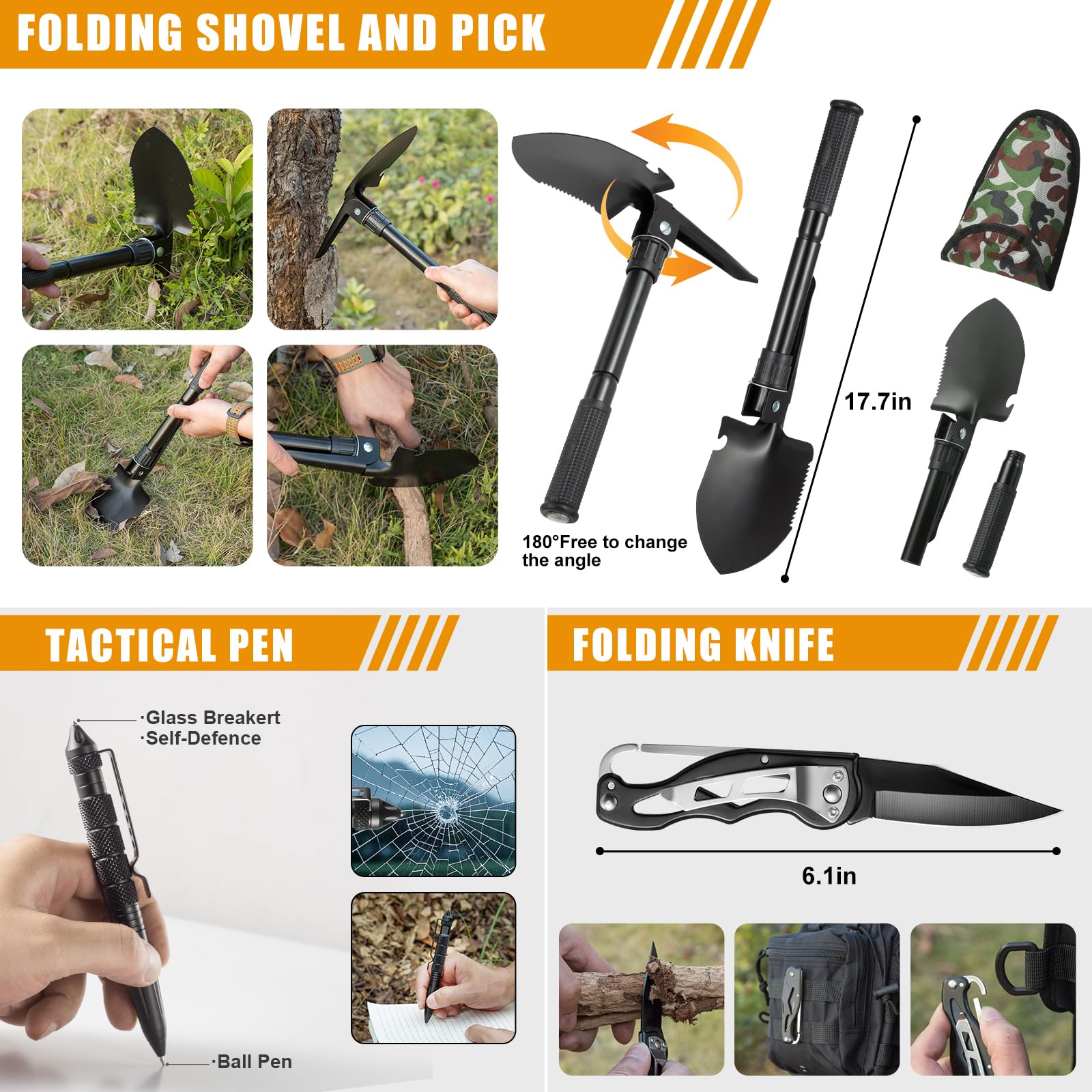 Kit de supervivencia, bolsa de 360 piezas con kit de primeros auxilios. Hacha de camping, pala de supervivencia, herramientas ideales para camping, senderismo