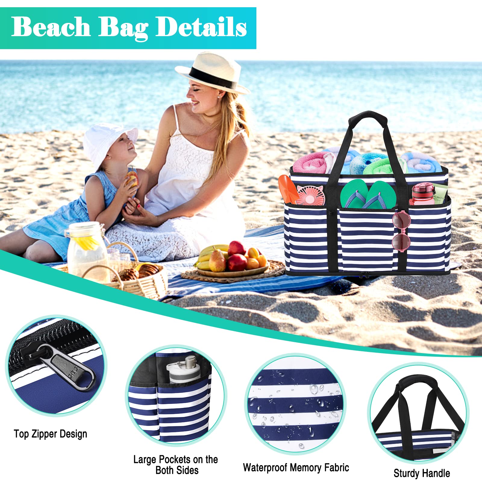 Grand Sac de Plage Femme XXL, Sac de Plage XXL Extra Large Famille en Maille Pliable pour Femme avec Fermeture Éclair, Grand Poches Sacs à Cabas pour Plage Voyages Gym Piscine 45L