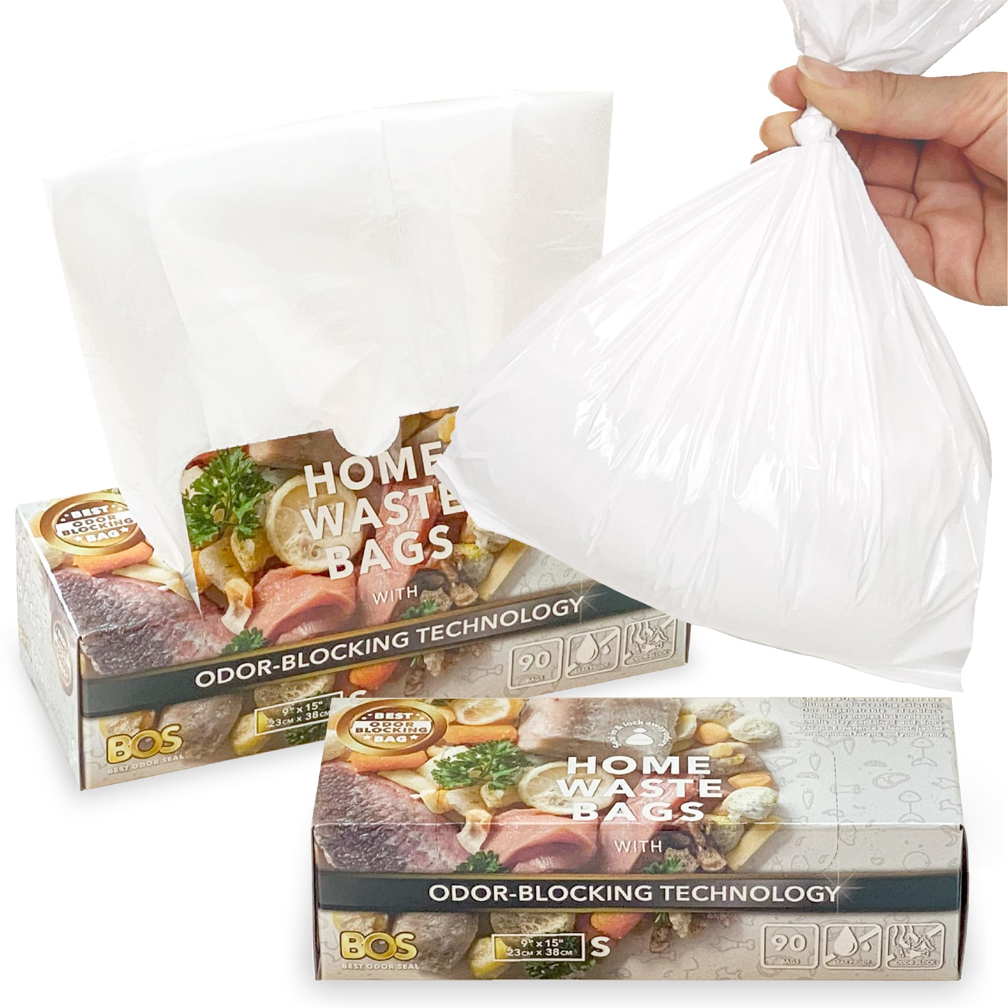 BOS Odor-Sealing Kitchen, Home & Food Small Trash Bags for Waste- Disposable Bags - Scent & Smell Free [Size S, Color White] (90 count, Pack of 2) (