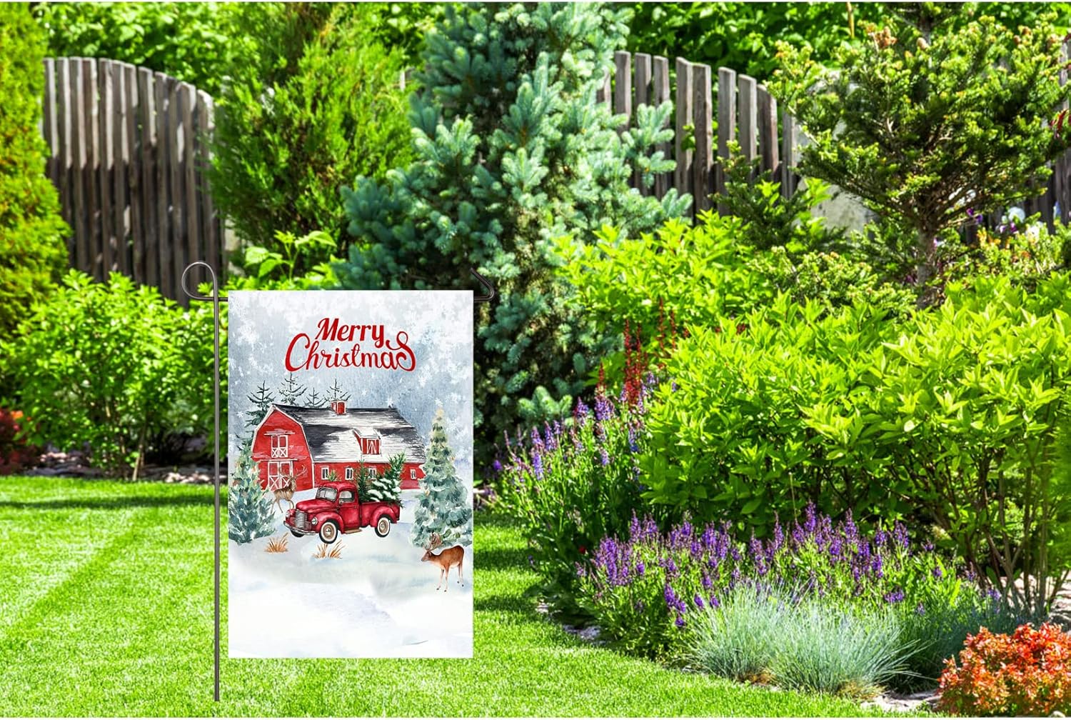Merry Christmas Garden Flag Red Truck Barn Farm 12 x 18 Inch Double Sided Winter Snow Vintage Pickup Christmas Tree Deer Elk House Yard Flag Rustic Farmhouse Outside Decor New Year Xmas Holiday Yard - Image 7