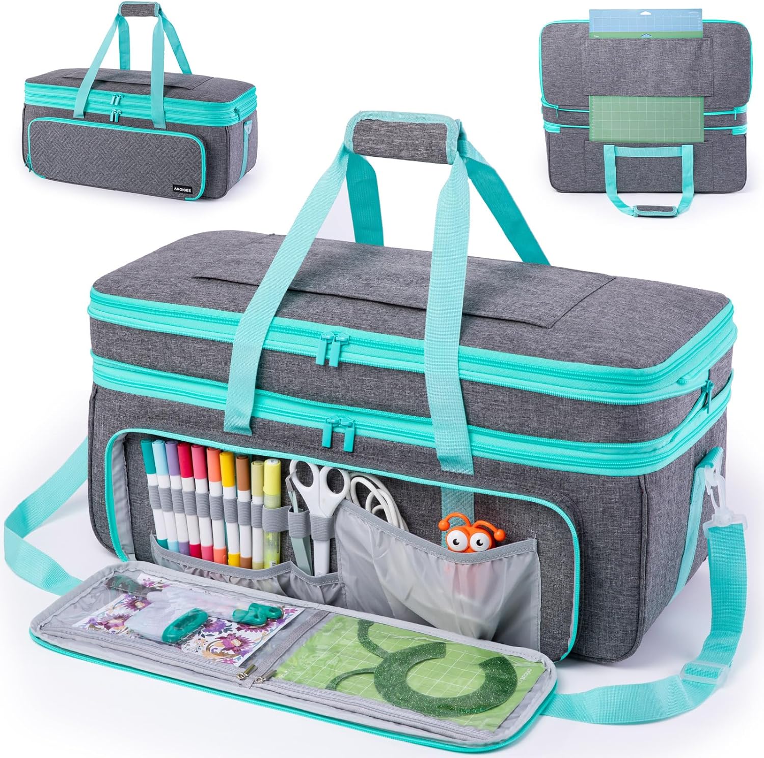 AMOIGEE Double-Layer Carrying Case Compatible with Cricut Maker 4, Explore 4, Maker 3, Explore Air, Silhouette Cameo – Sturdy Storage Bag with Pockets for Cricut Accessories, Vinyl, Tools & Supplies