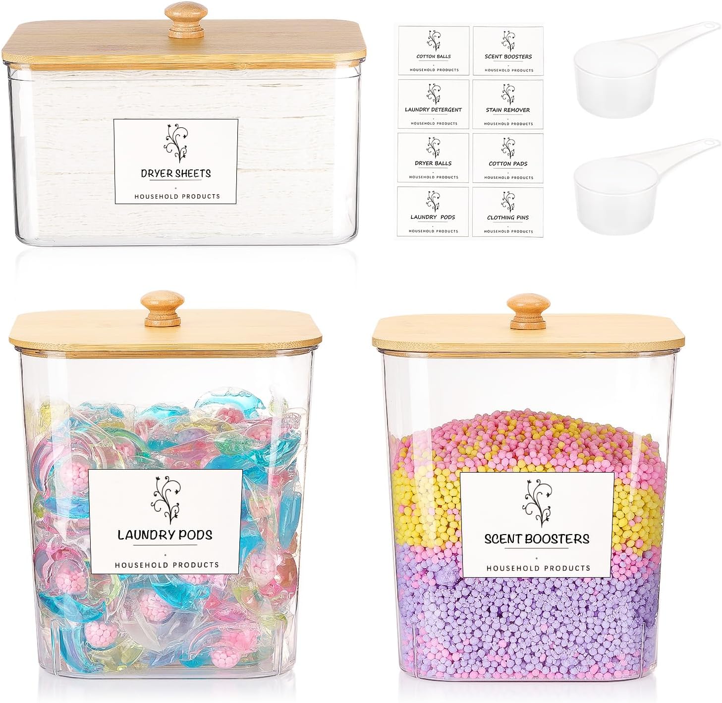 Tbestmax 3 Pack Laundry Room Organization Storage Containers, Clear Laundry Pod Containers and Dryer Sheet Holder Set with Lids and Labels for Detergent, Powder, Dryer Balls, Beads