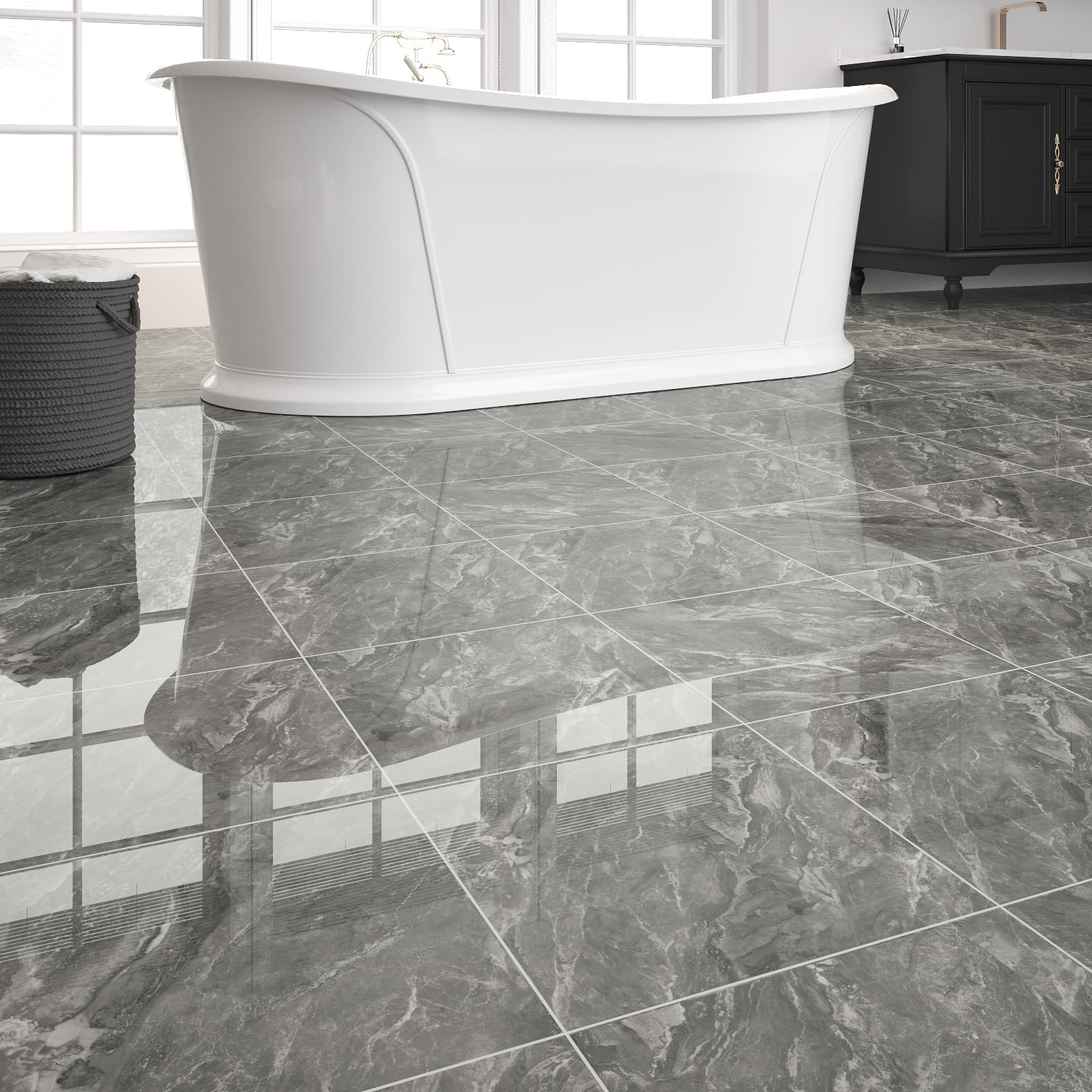 20-Pack 20 Sq.Ft Peel and Stick Floor Tiles Vinyl Glossy Pattern Flooring, 12” x 12” Self Adhesive Vinyl Flooring DIY for Kitchen, Bathroom, Laundry, Polish Dark Grey Marble