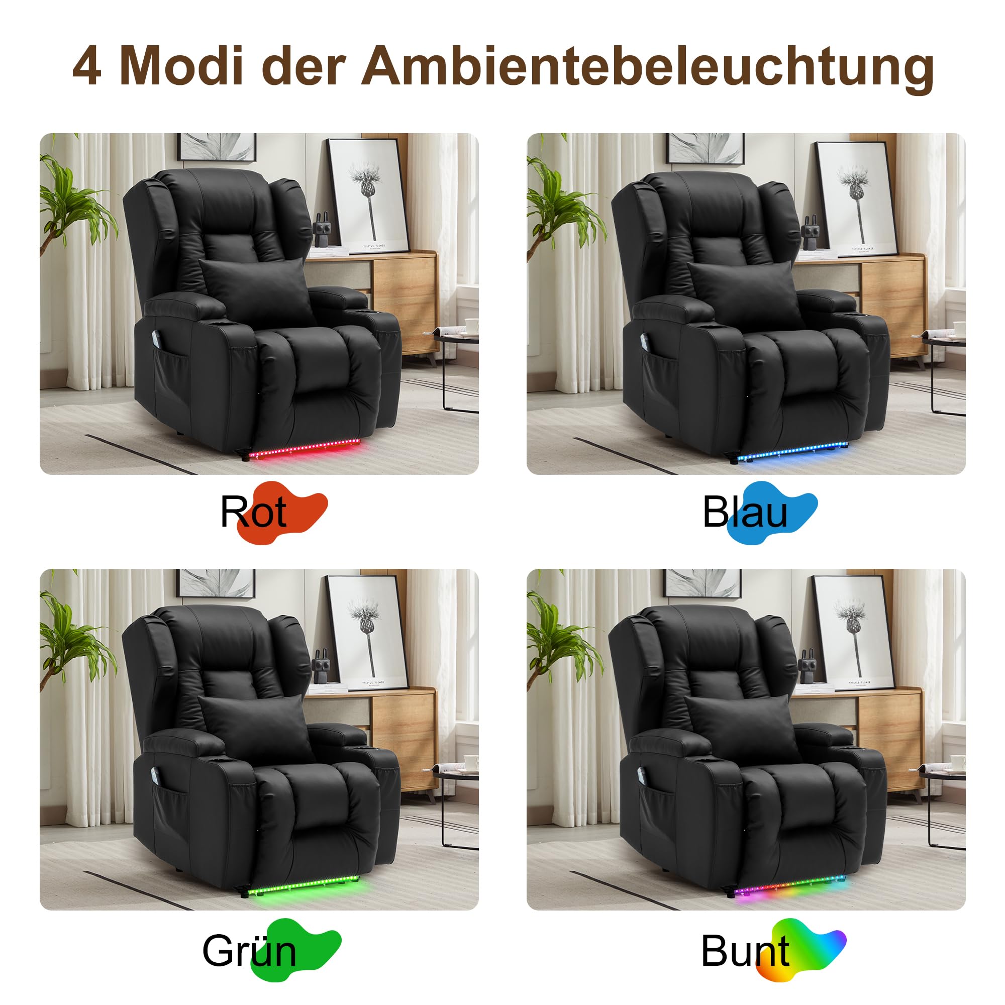 Elektrisch Verstellbar Relaxsessel mit Liegefunktion Kunstleder Fernsehsessel TV Sessel Massage Wärme LED USB bis 150 kg Schwarz 2er Set