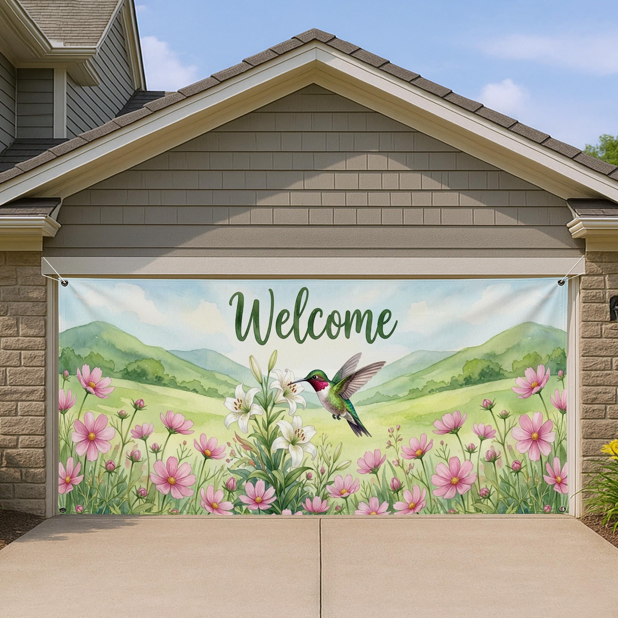 Housse de porte de garage fleurie avec colibri décor de jardin vert et pêche 397x180 cm