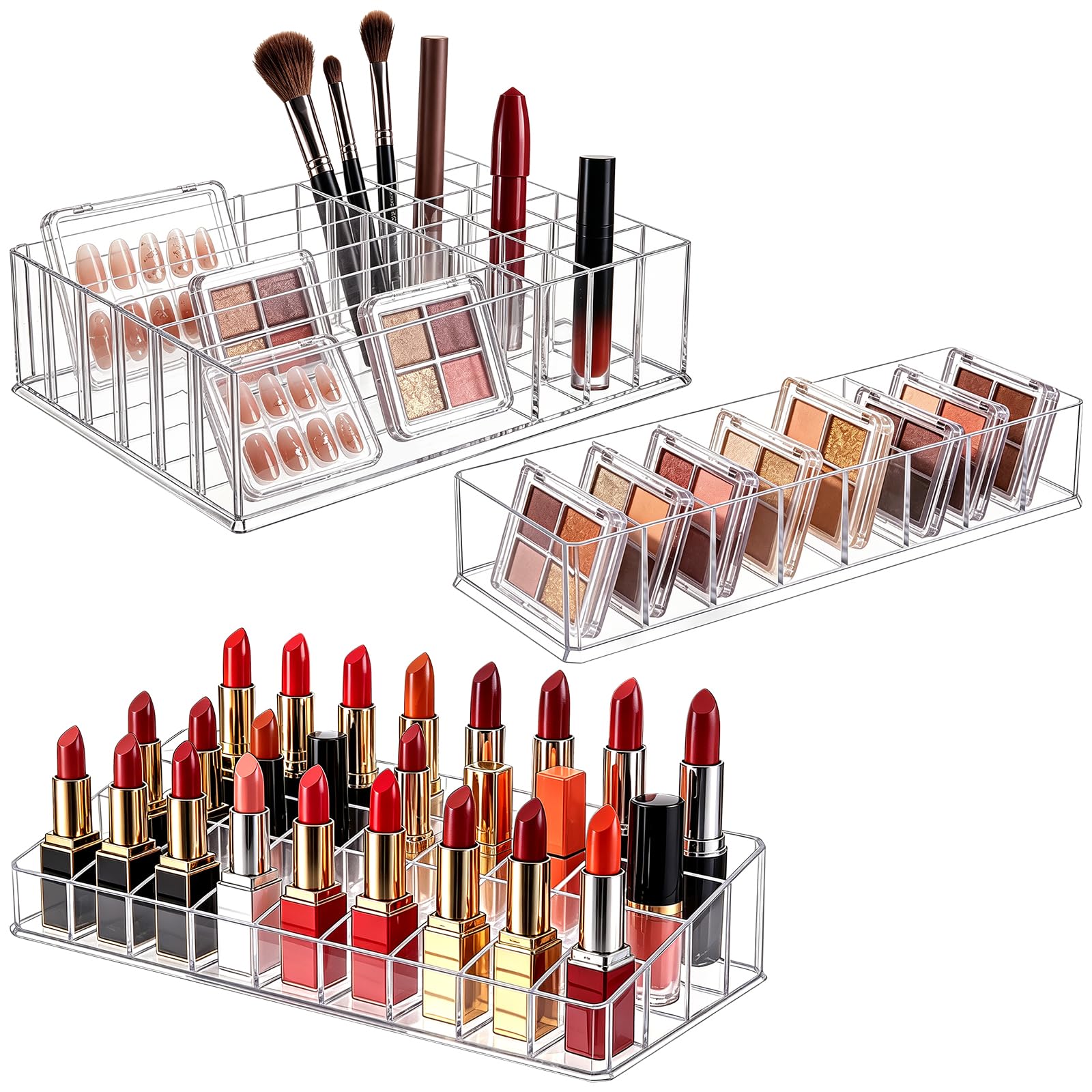 Juego de 3 organizadores compactos de maquillaje acrílico, organizador de lápiz labial, paleta de sombra de ojos, soporte de almacenamiento para el cuidado de la piel, vitrinas de cosméticos