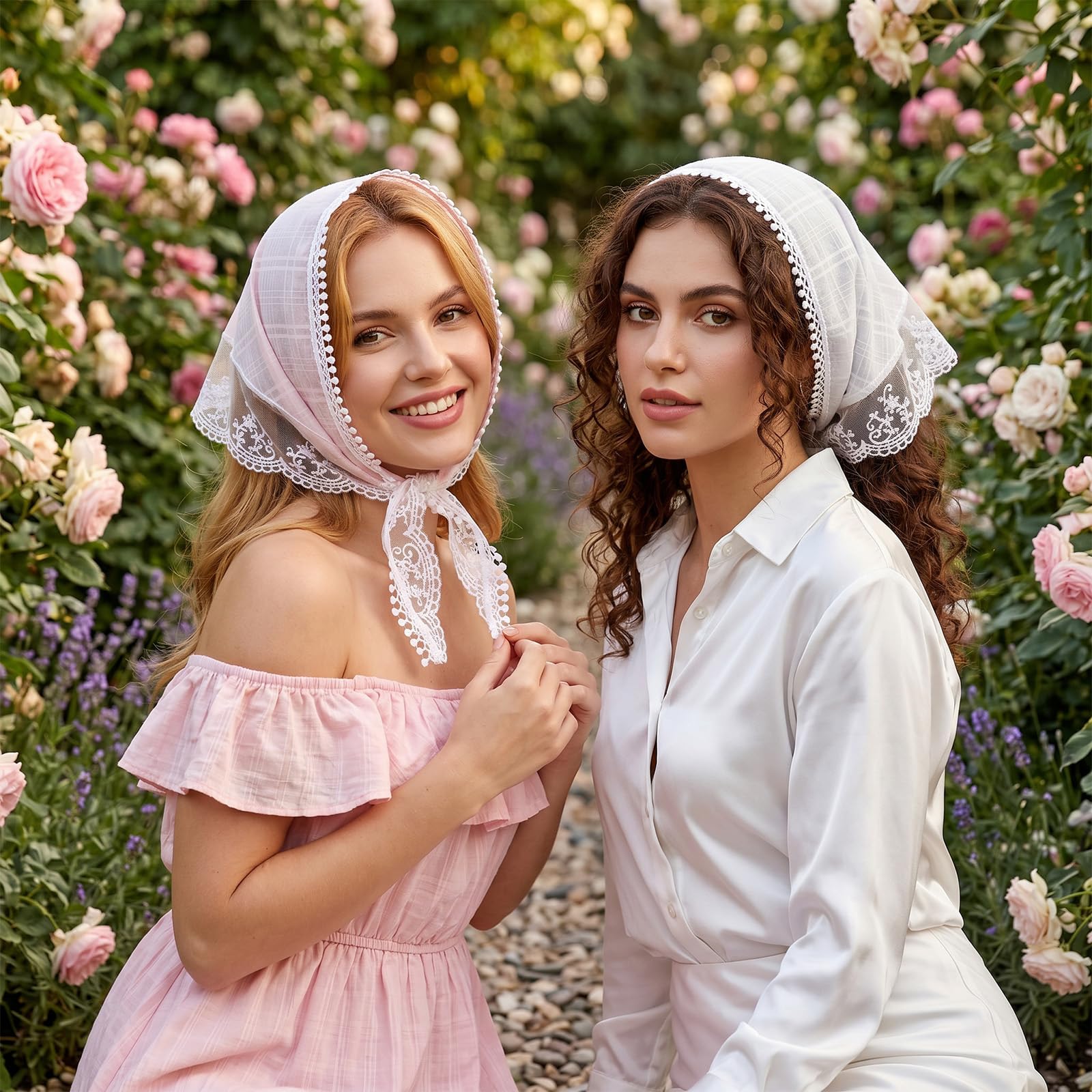 2er-Pack Spitzen-Bandanas, Kopftuch für Damen, süßes, stylisches Dreiecks-Kopftuch, weißes Haarband für Hochzeiten, Braut-Accessoires fur Frühling und Sommer (Weiß/Rosa)