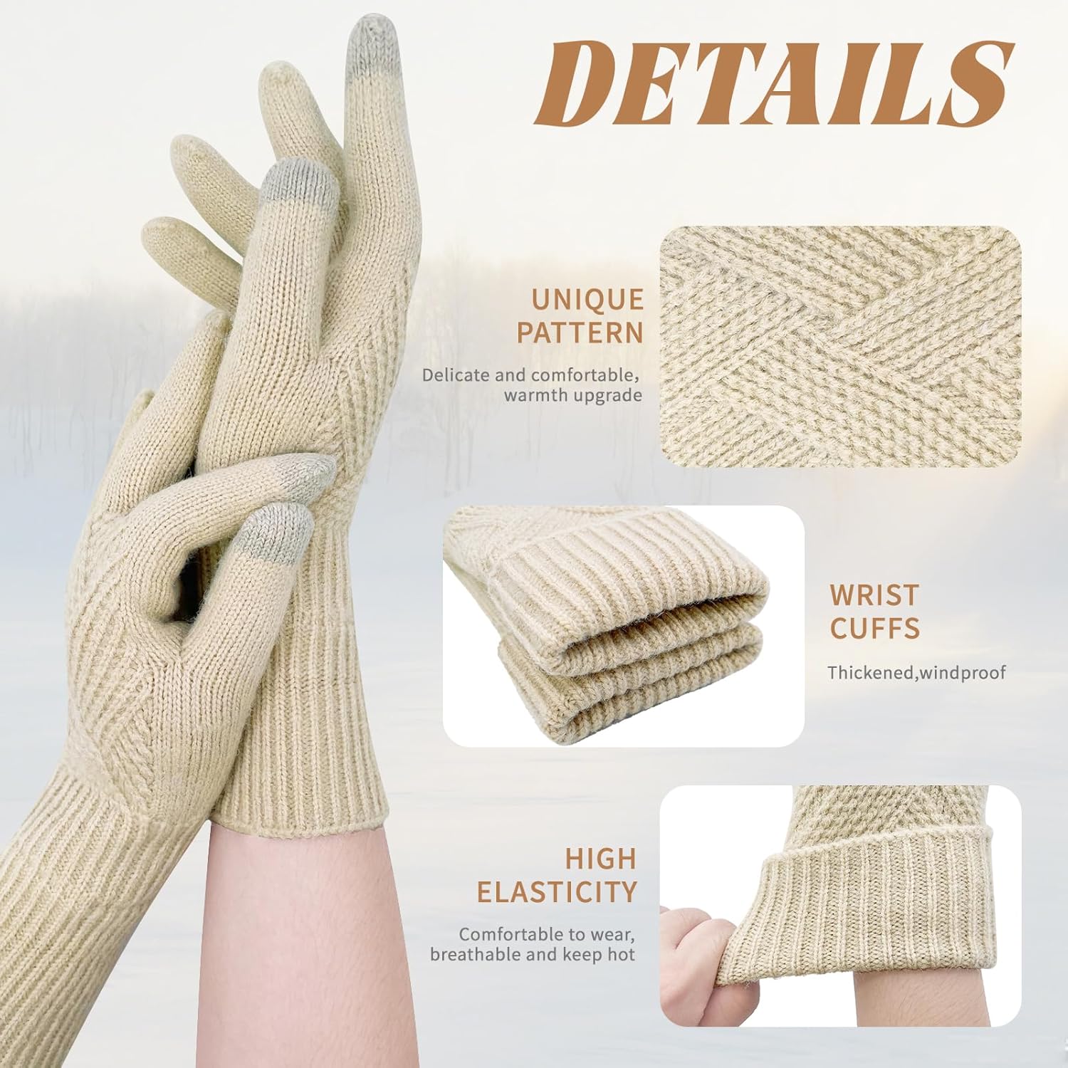 Beurlike Winter Wool Gloves for Women Elastic Thermal Knit Fleece Warm Gloves Touch Screen for Cold Weather Folding Cuffs - Image 3