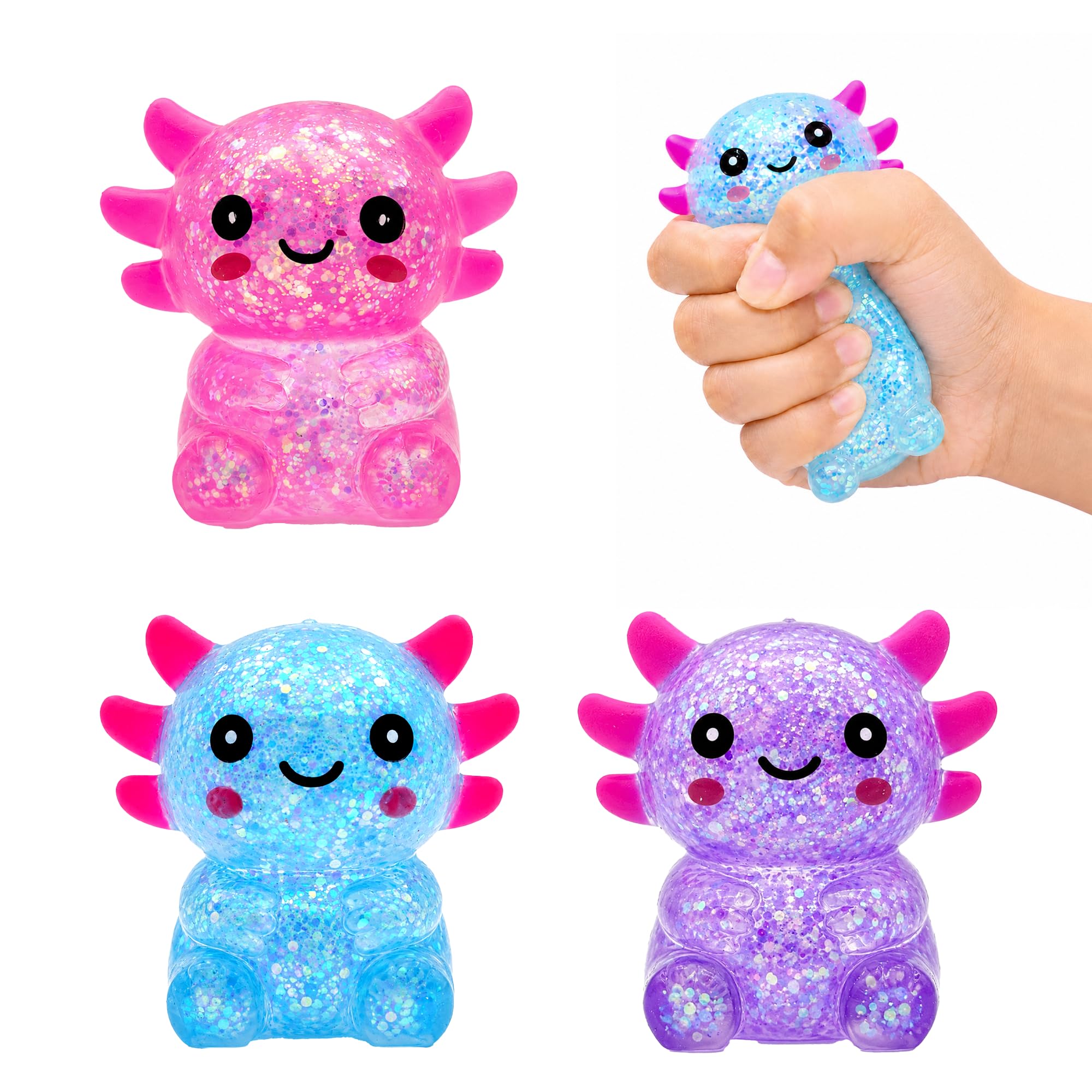 3 Pack Axolotl Squishy Toys, Cute Glitter Stress Relief Squeeze Toys for Kids & Adults, Soft Sensory Fidget Toys for Anxiety Relief, Party Favors, Seated Axolotl (Multi-Color)