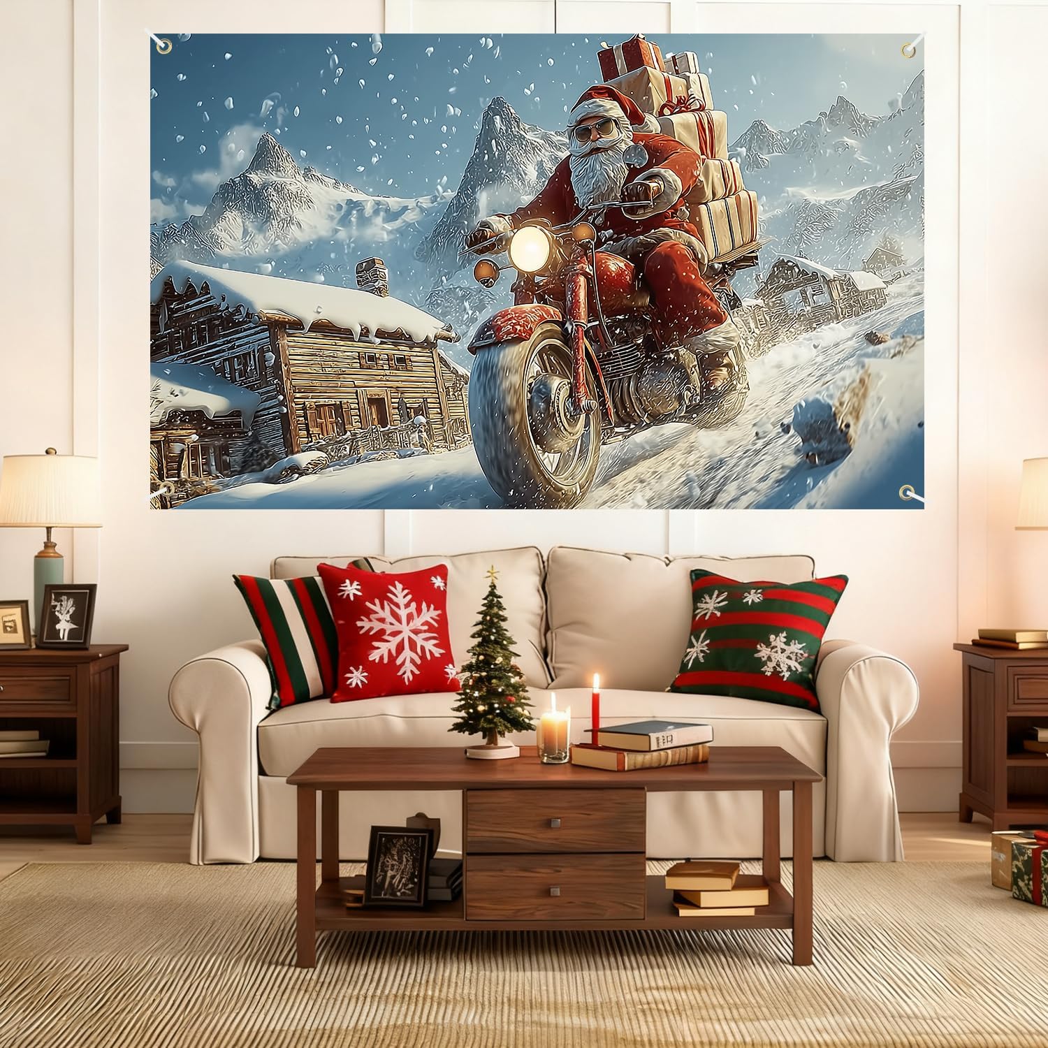 Santa Motorcycle Christmas Banner 71x43 Inch, Santa Riding Motorcycle with Presents in Snow, Outdoor Holiday Yard Decoration, Large Christmas Backdrop for Parties