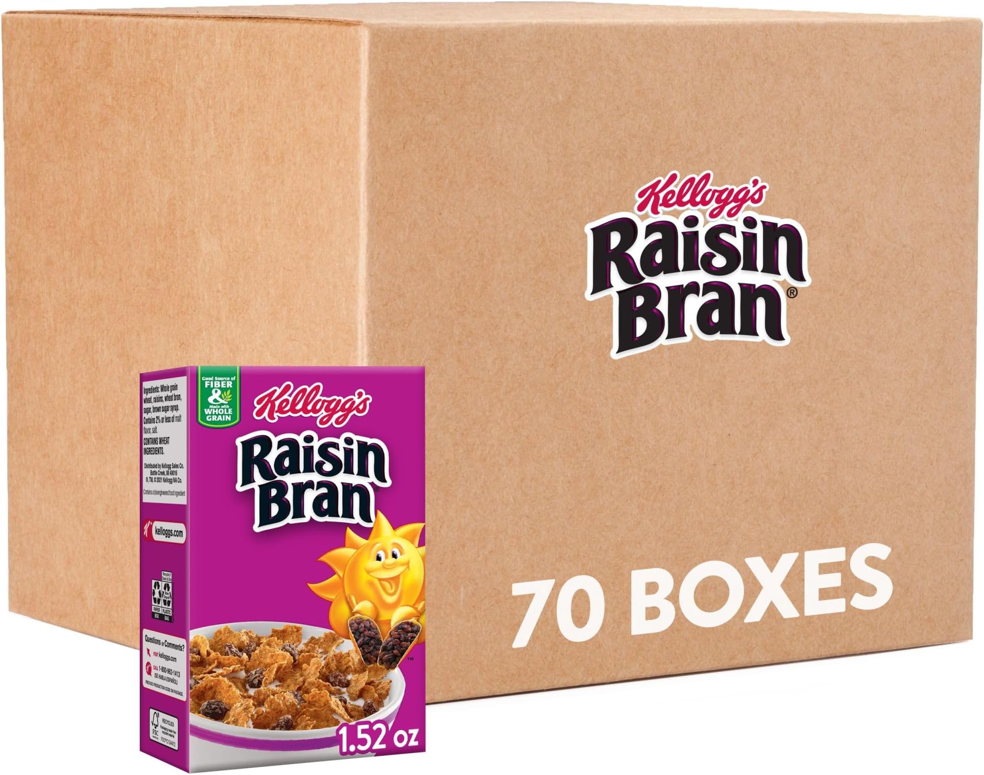 Kellogg's Raisin Bran Breakfast Cereal, Fiber Cereal, Made with Real Fruit, Original (70 boxes)