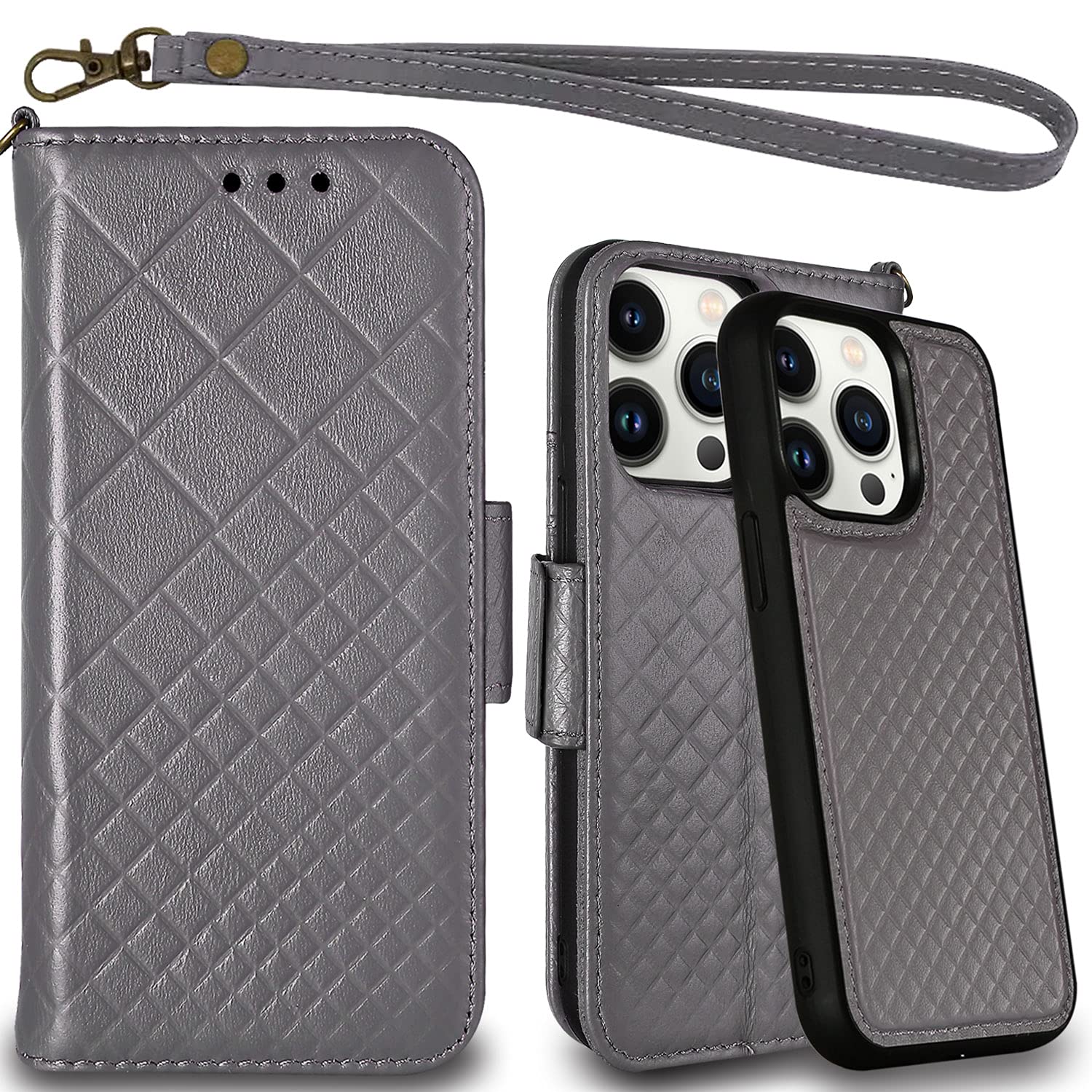 Mefon Genuine Leather Folio Wallet for Apple iPhone 13 Pro Max, Wireless Charging Compatible, RFID Card Protection, Luxury Flip Phone Case Cover, Magnetic Detachable, Tempered Glass Included (Grey)