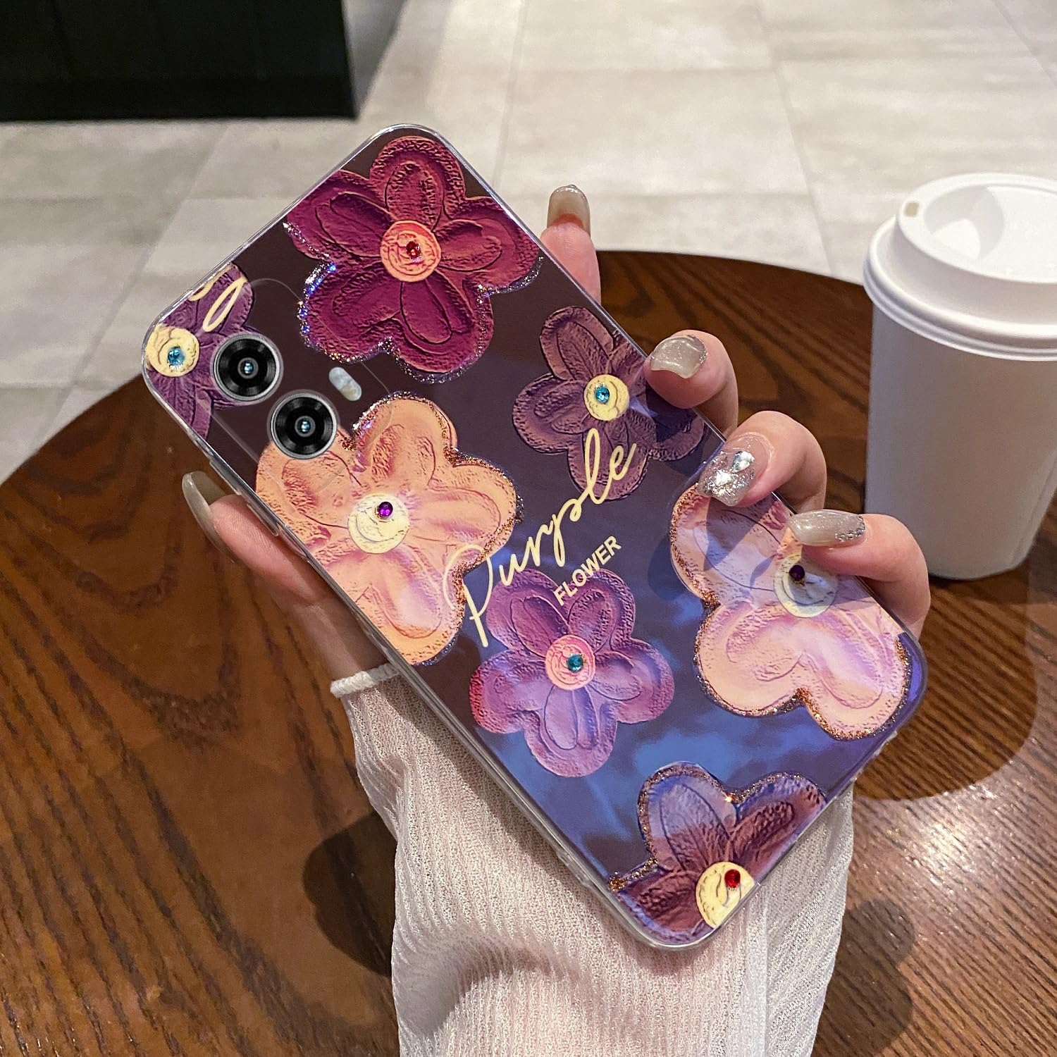 LeLeYun Case for Motorola Moto Edge 5g 2024 6.6", Retro Oil Painting Printed Flower Cute Pattern with Glitter Gem Phone Cover Shockproof Protective