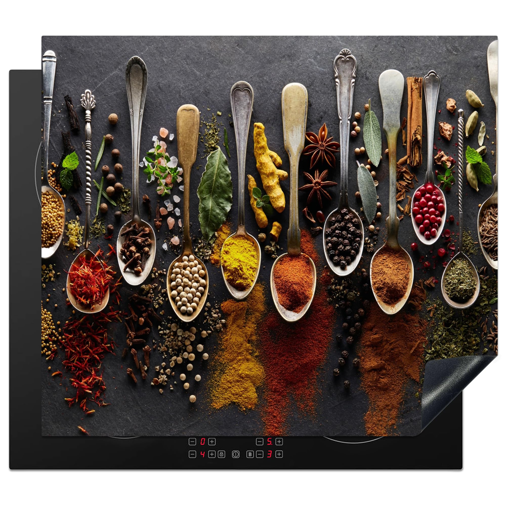 KitchenYeah© Protezione Piano Cottura Tappetino per Induzione 59x52 cm Cucina Proteggi Coprifornello Antiscivolo Spezie - Cucchiai - Calcestruzzo
