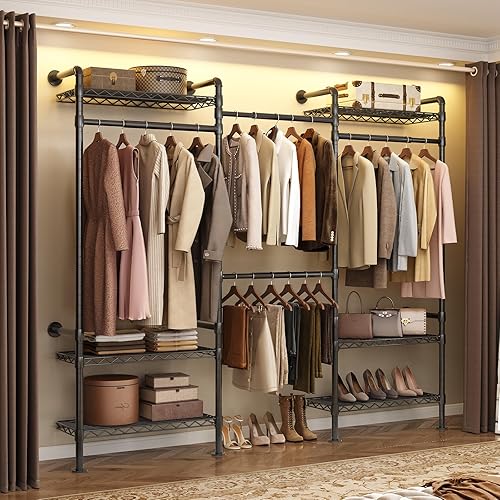 P3 - Sistema industrial de armario de tuberías, estantes de ropa montados en la pared con 4 varillas telescópicas y 6 estantes de malla, perchero