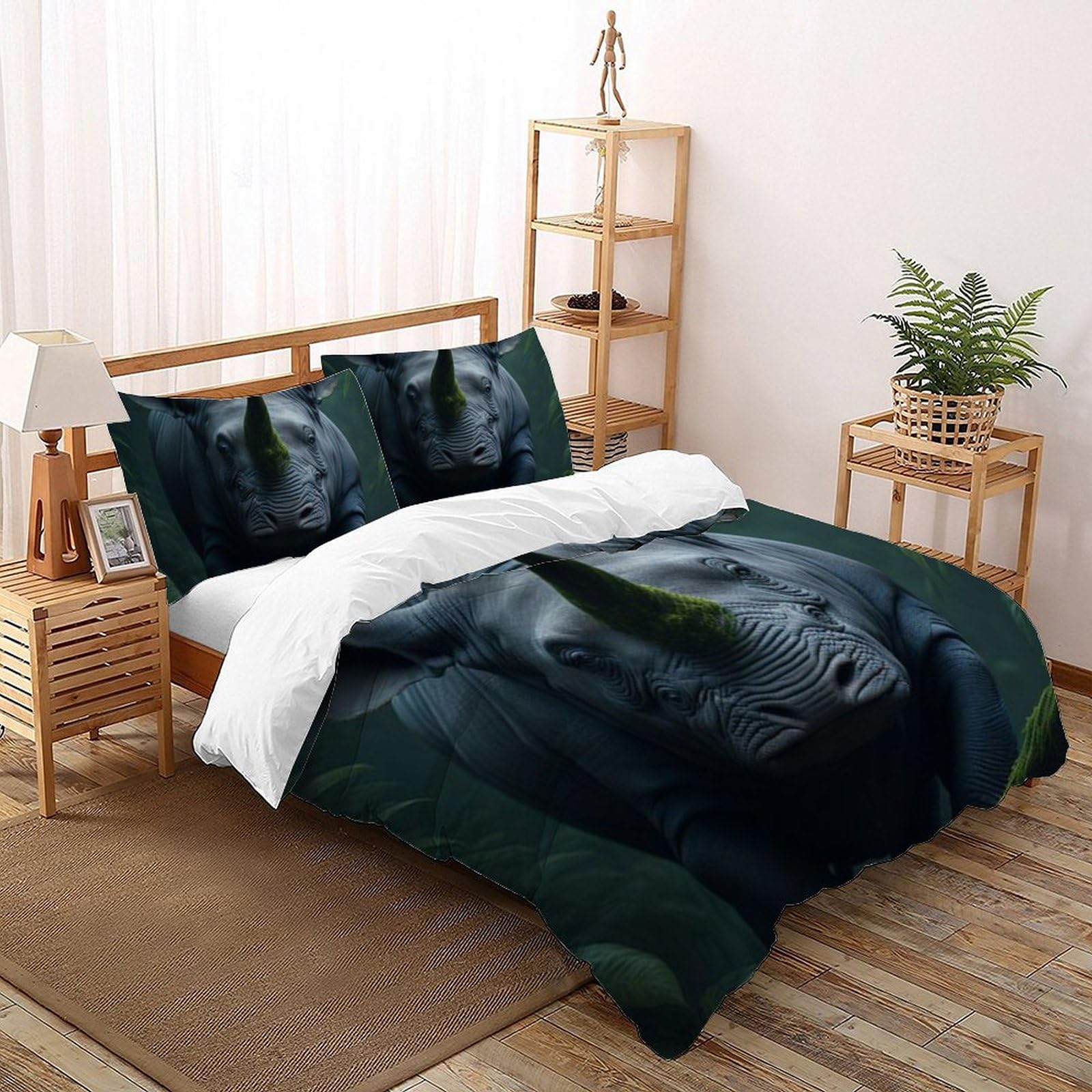 Housse de couette Super King rhinocéros microfibre 260x220cm + 2 taies d'oreiller animaux