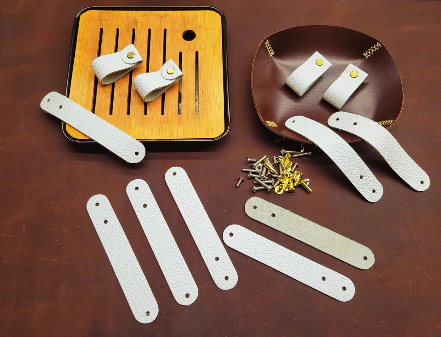 Leather Drawer Pulls, Dresser Knobs and Cabinet Handles - Leather Hardware for Kitchen, Wardrobe, and Door – Upgrade The Look of Furniture, Perfect Replacement for Metal Knobs (White 6 Pcs)