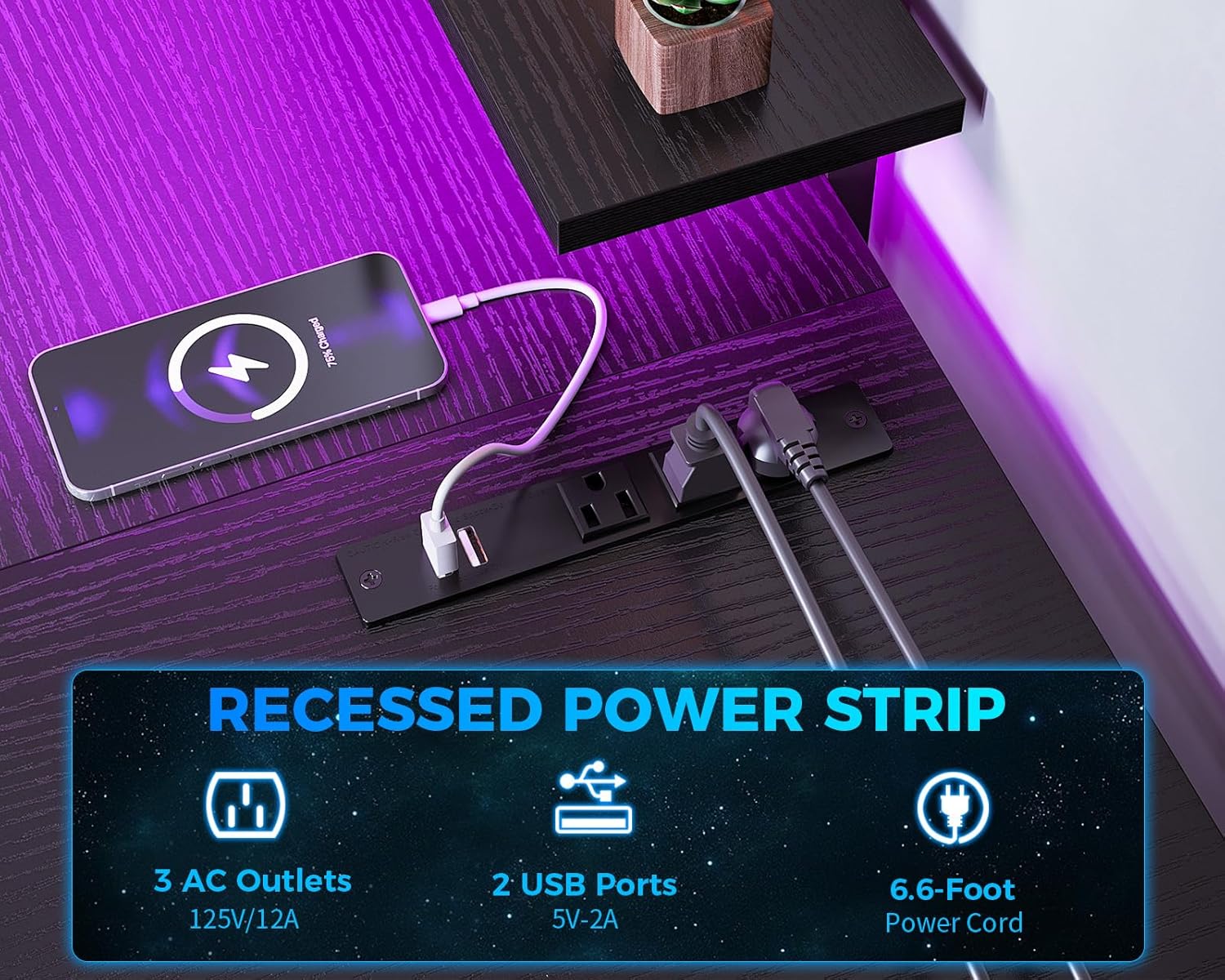 Recessed power strip with AC outlets and USB ports on ODK U Shaped Desk