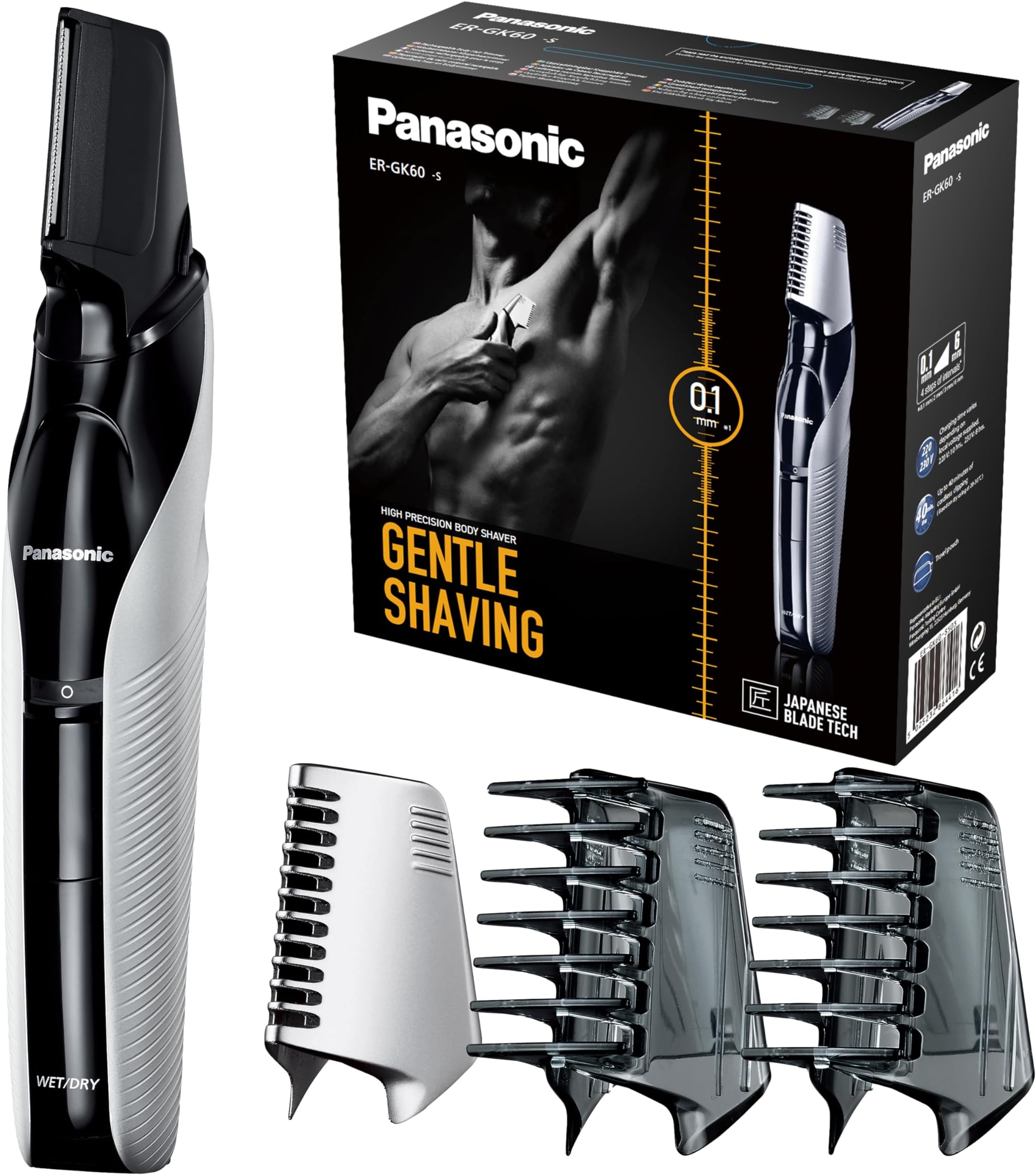 Body Trimmer Er Gk60 With 3 Attachments Electric Razor For Men Gentle Skin, Wet And Dry Shaving, Hair Head Body, Silver, Gk60, S423