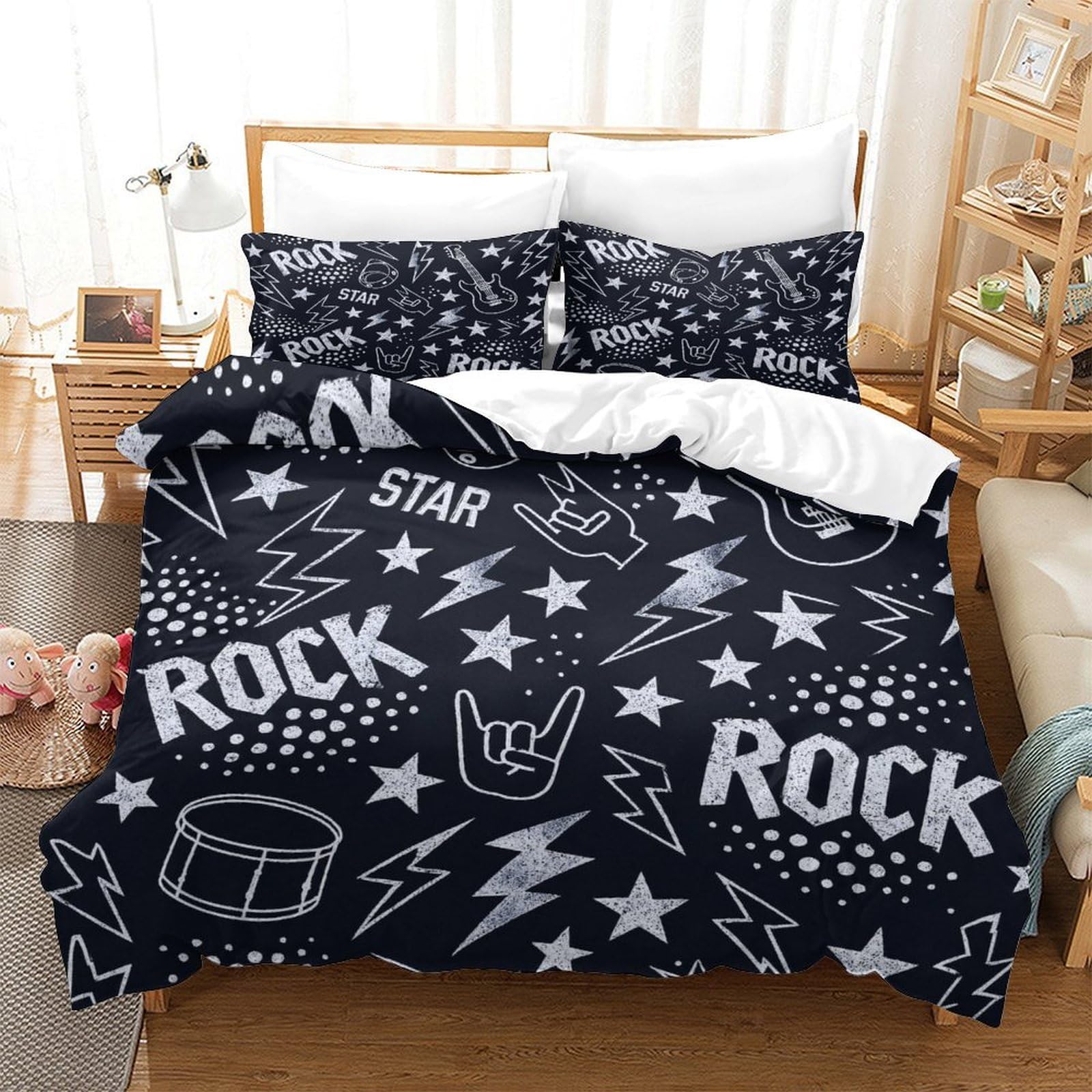 Progettazione di musica rock Impressione 3D 3 pz coperteletto Stile poster rock vintage cover piumone microfibra zip antiacari per bambini adolescenti adulti Super king（260x220cm）