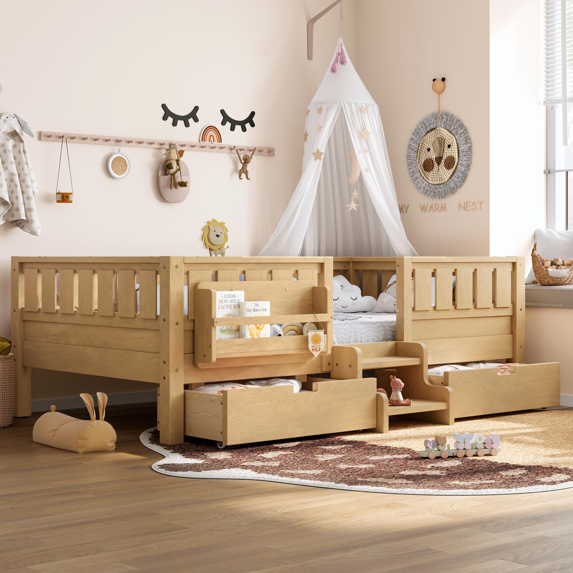 Bellemave Twin Floor Bed with Stairs, Rails and Slats, Twin Size Montessori Floor Bed with Bookshelf and 2 Storage Drawers, Easy Assemble Montessori