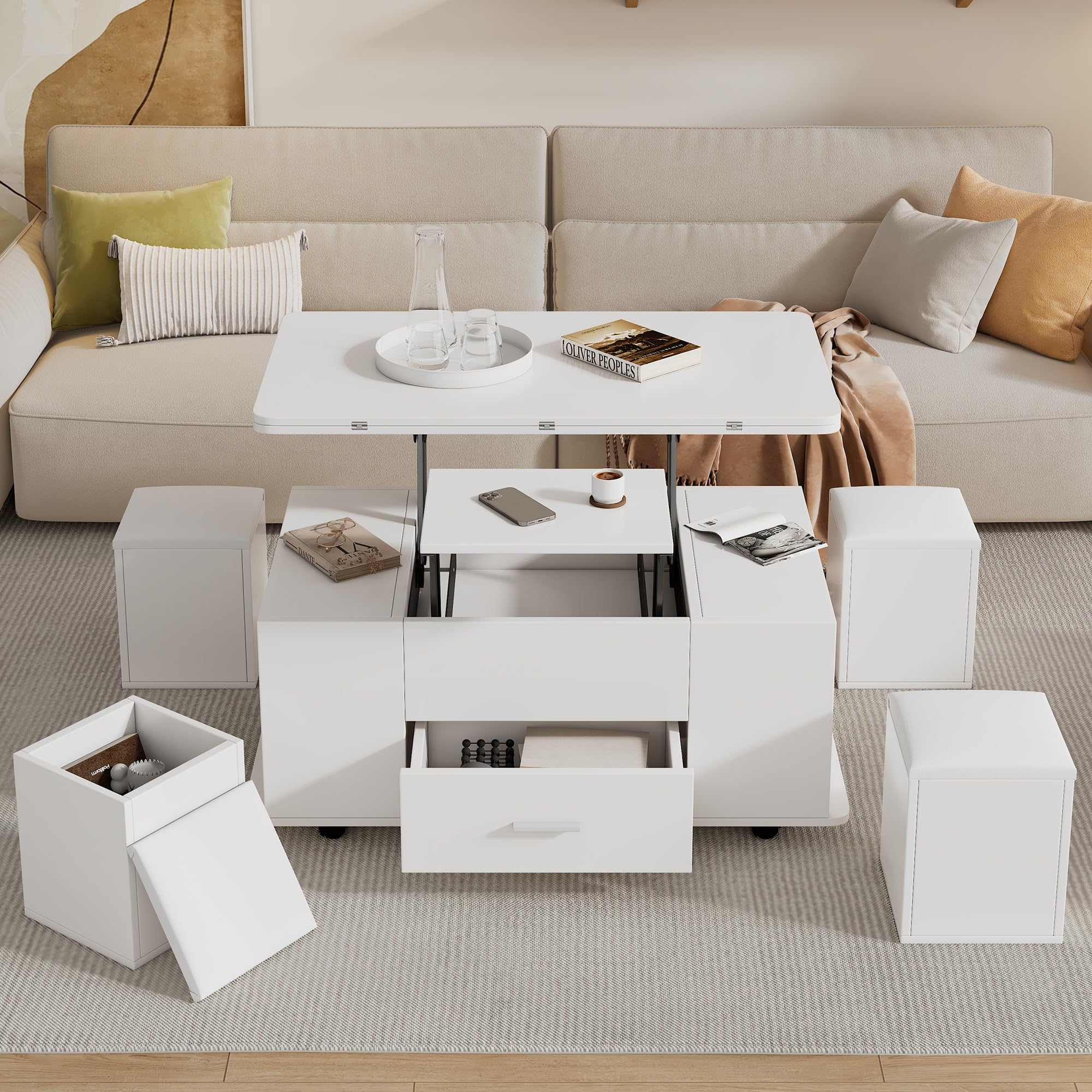Mesa Centro Elevable con Tablero Extensible y 4 Taburetes, Mesa de Centro Elevable y Extensible con Almacenamiento y Cajón, Mesa Central de Café, Muebles de Salon, 100x50x45 cm, Blanco B