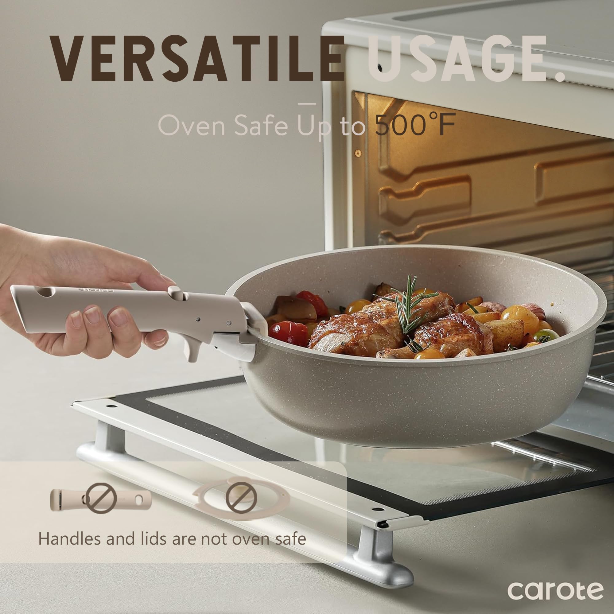 CAROTE Set di 19 pezzi di pentole e padelle antiaderenti, set di pentole con manico staccabile, set da cucina a induzione con manico rimovibile, cucina per camper, adatto al forno, colore: taupe