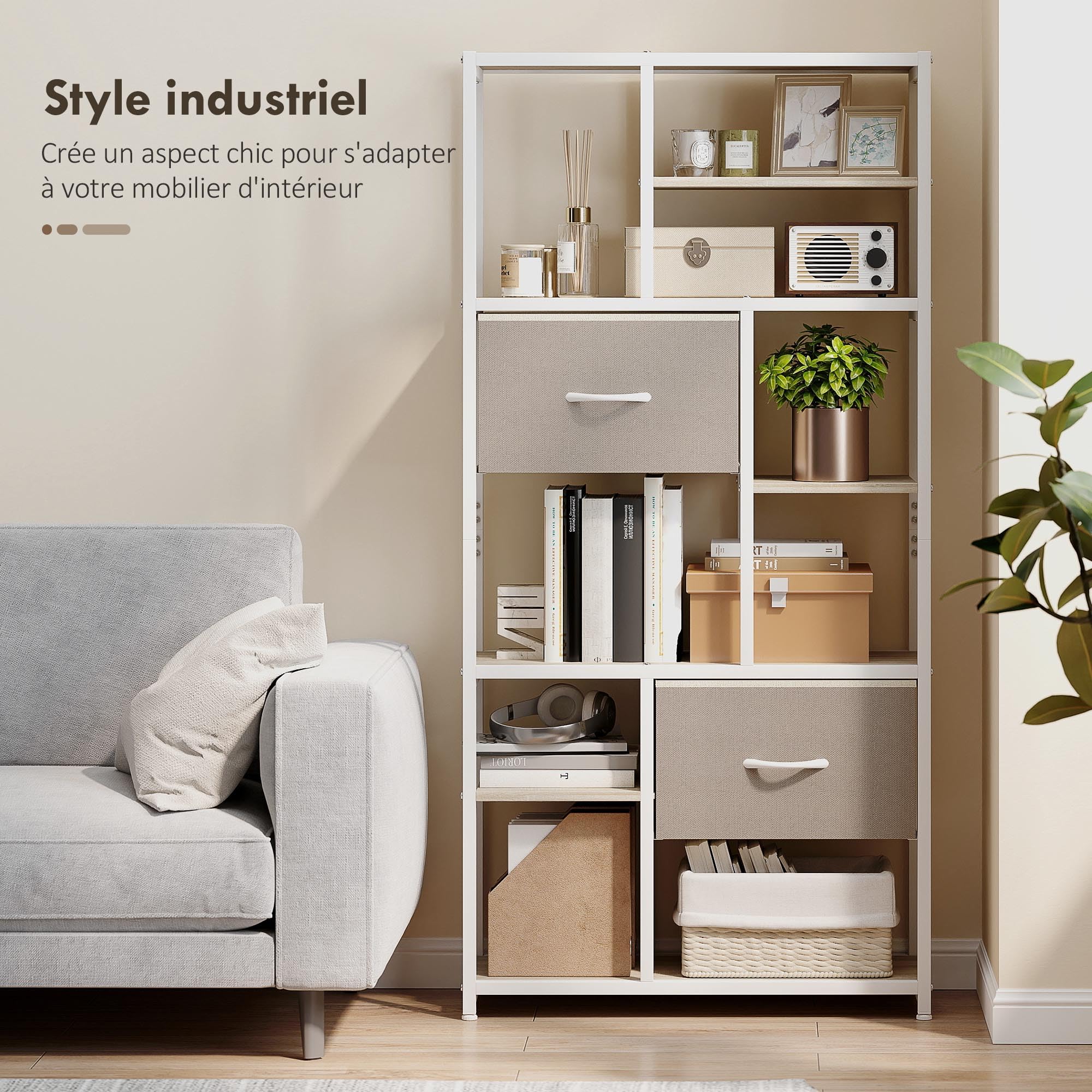 HOMCOM Mueble de almacenaje de 6 Niveles, librería con 2 cajones de Tela, 9 estantes Abiertos, Mueble de almacenaje con Estructura de Acero para salón, Estudio, Dormitorio, 72,5 x 30 x 150 cm,