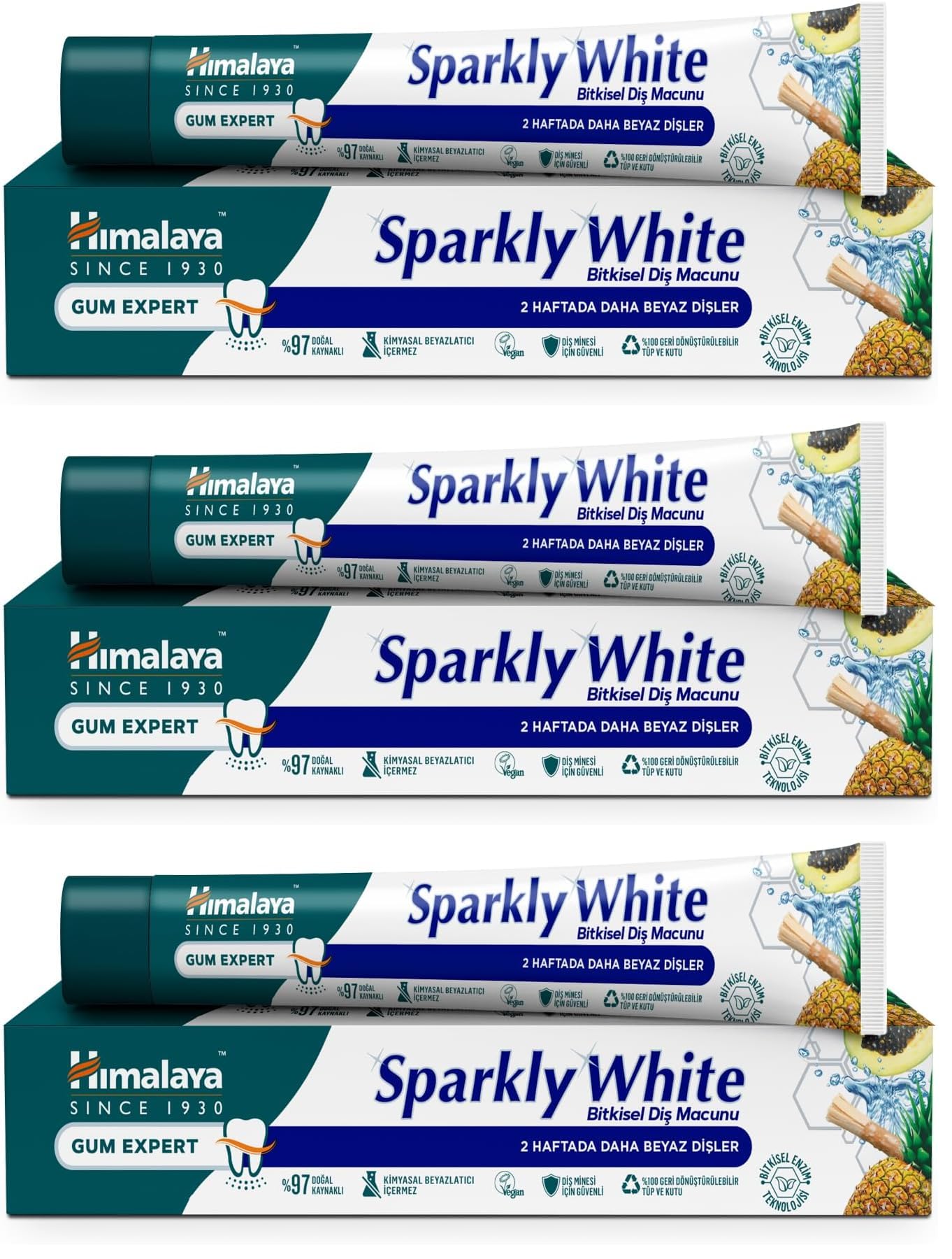 Himalaya Since 1930 Işıltılı Beyazlık Bitkisel Beyazlatıcı Diş Macunu, Florürsüz, Parabensiz, Bitkisel Enzim, 75 ml (3 paketi)