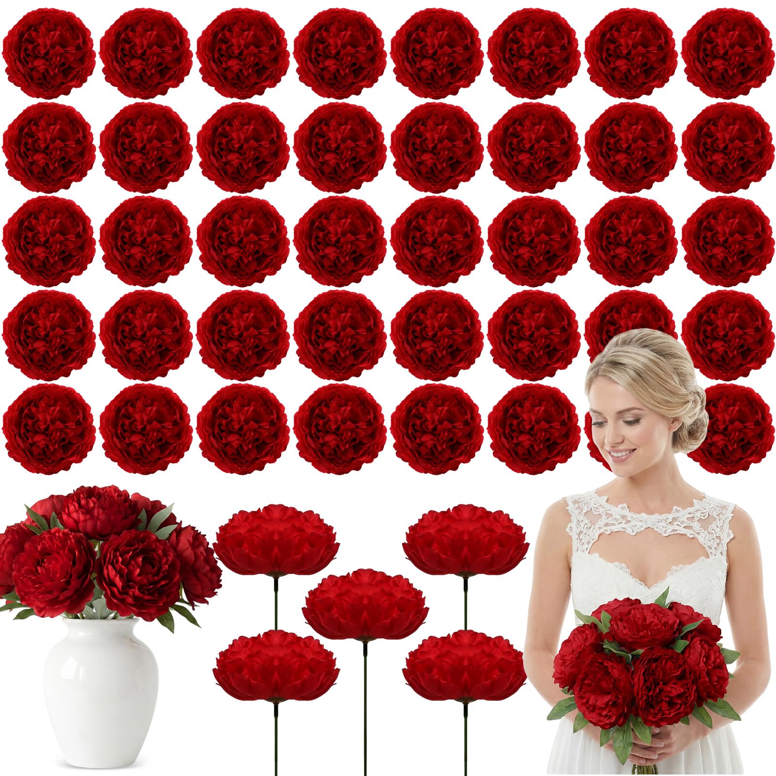 Photo 1 of Suncalla Artificial Peony Rose Flowers Heads 4.7 Inches Silk Fake Peony Head Flowers for Wedding Bridal Bouquet Home Floral DIY Centerpieces Tables Party Decorations(Red,50 Pcs)
