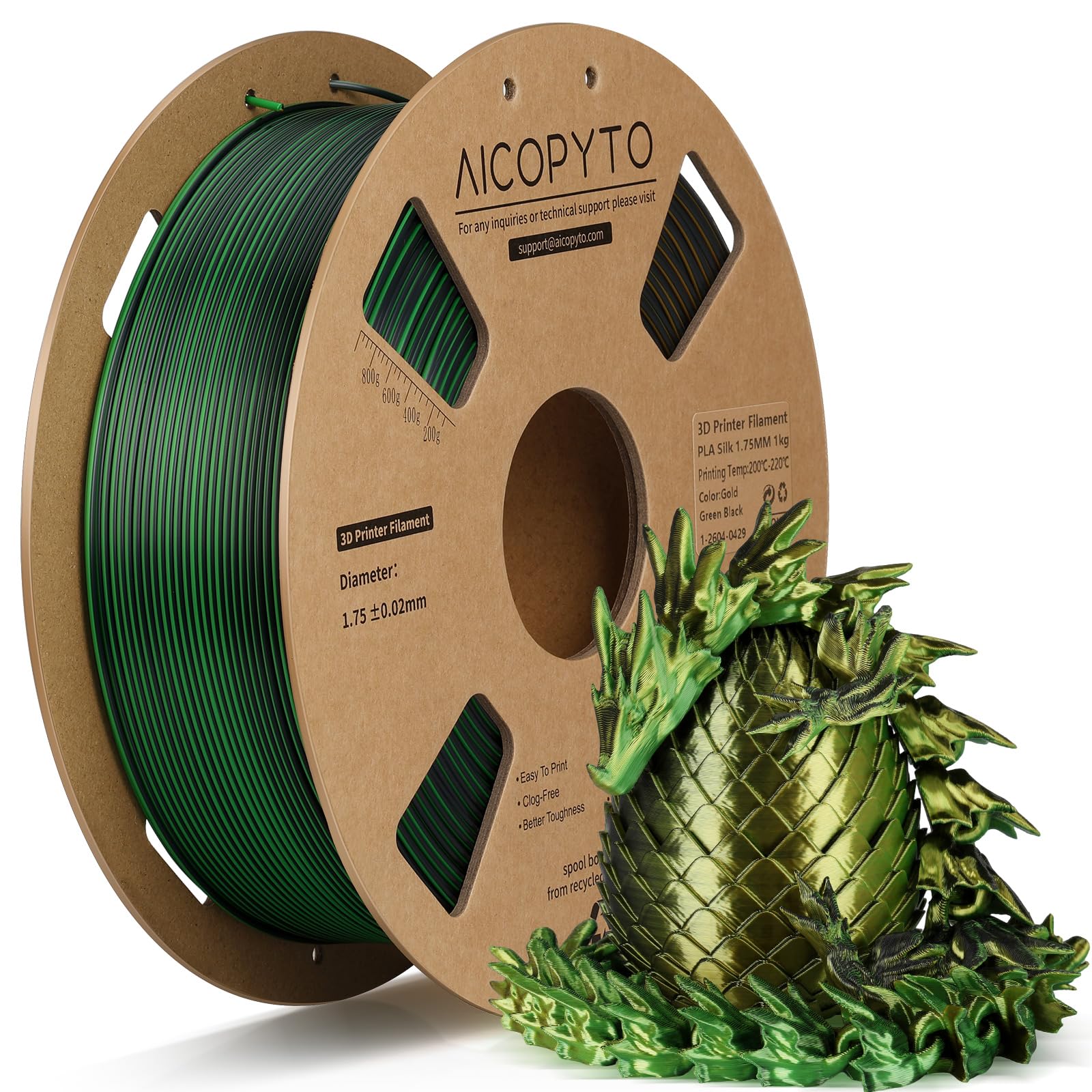 3D Printer Silk PLA Filament 1.75mm, Shiny Triple Color Gold Green Black, Dimensional Accuracy +/- 0.02 mm, 1KG (2.1lbs)/Spool Easy to Print for Most FDM 3D Printers