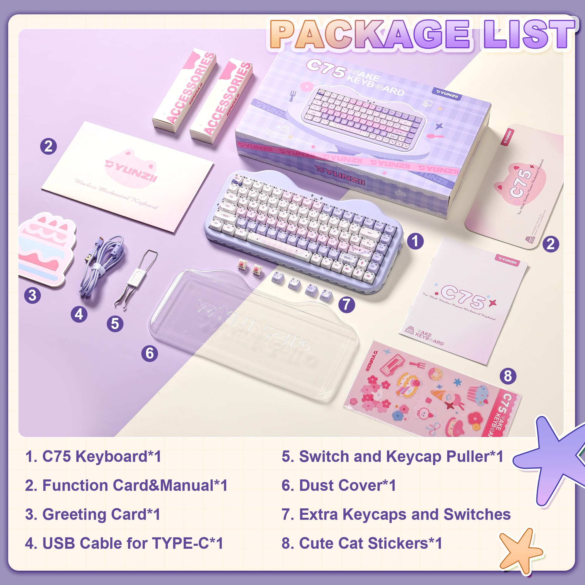 YUNZII C75 MAO Cat Tastiera Meccanica Gaming (Purple, Candy-linear) | 75% Layout, Hot Swap, BT/2.4G/USB-C, PBT Keycaps, RGB Retroilluminata, Suono Cremoso Thocky, NKRO, Cute Keyboard for Gaming