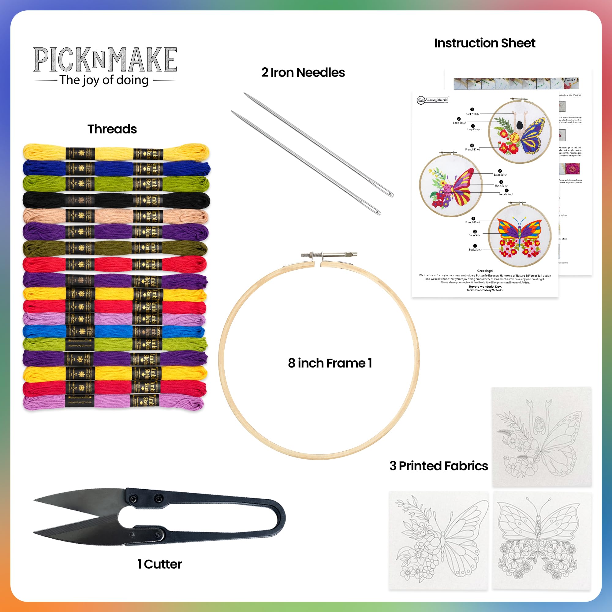picknMAKE Cross Stitch Embroidery Kit Combo Pack for Beginners & Adults - Includes 3 Unique Designs, Hoop, Printed Fabric, Threads, Needles, Cutter, and Instructions -Craft Hobby, Multicolor