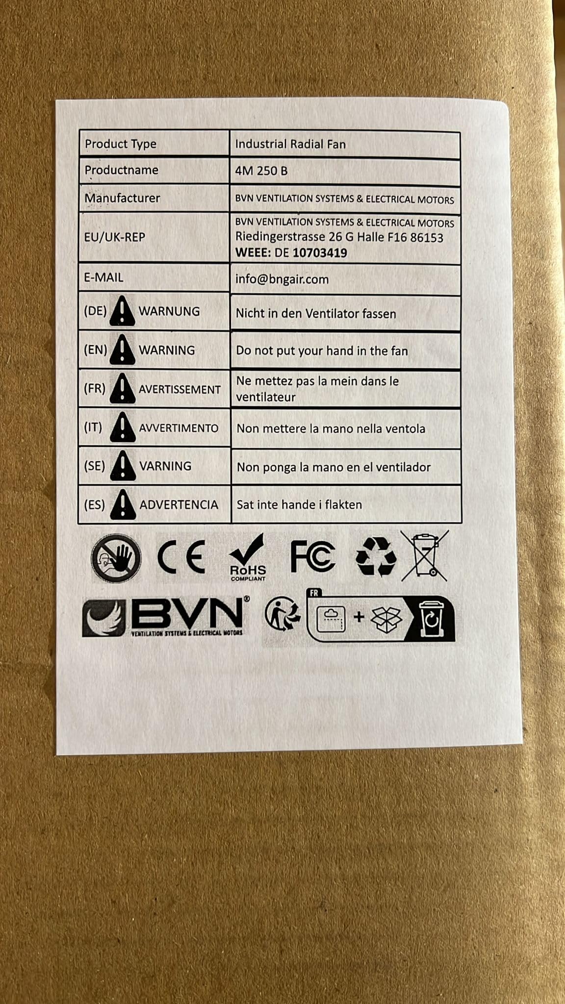 BVN VENTILATION SYSTEMS & ELECTRICAL MOTORS Ventilateur axial - Condensateur - Pour cellules de refroidissement - 4 m - 250 B