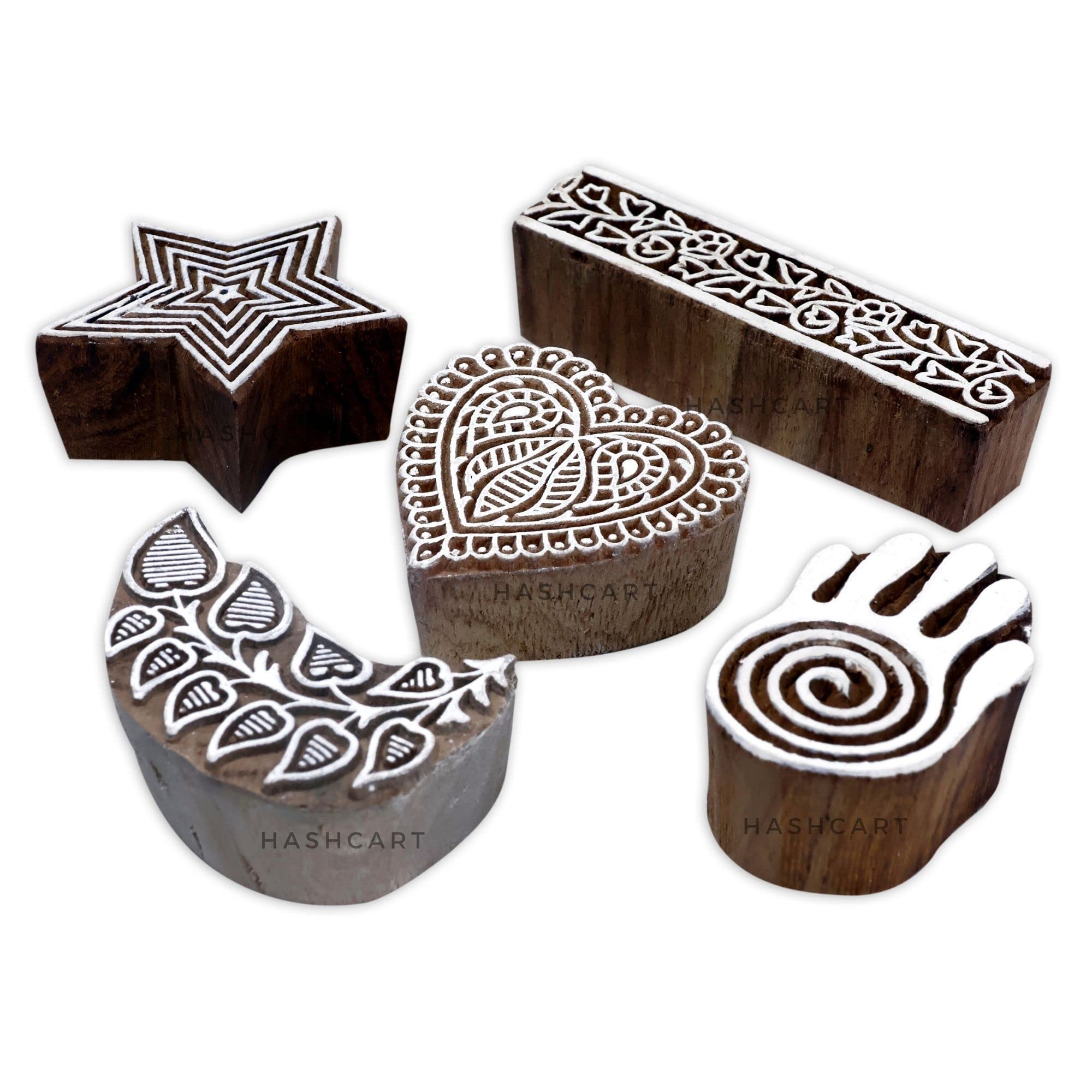 Wooden Block Stamp Hand Carved Printing Stamp for Fabric Printing - Wooden Printing Block for Scrapbooking Pottery Kids Project, to Decorate Card | Set of 5 | HASHCART®
