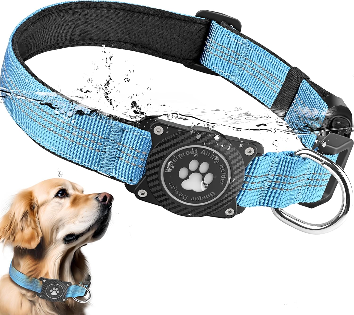 Airtag Canine Collar, Waterproof Air Tag Holder Canine Collar, Luminous & Reflective, Snug Padded, Adjustable Pet Collar for Small Medium Massive Heavy Obligation Canines,Blue, M